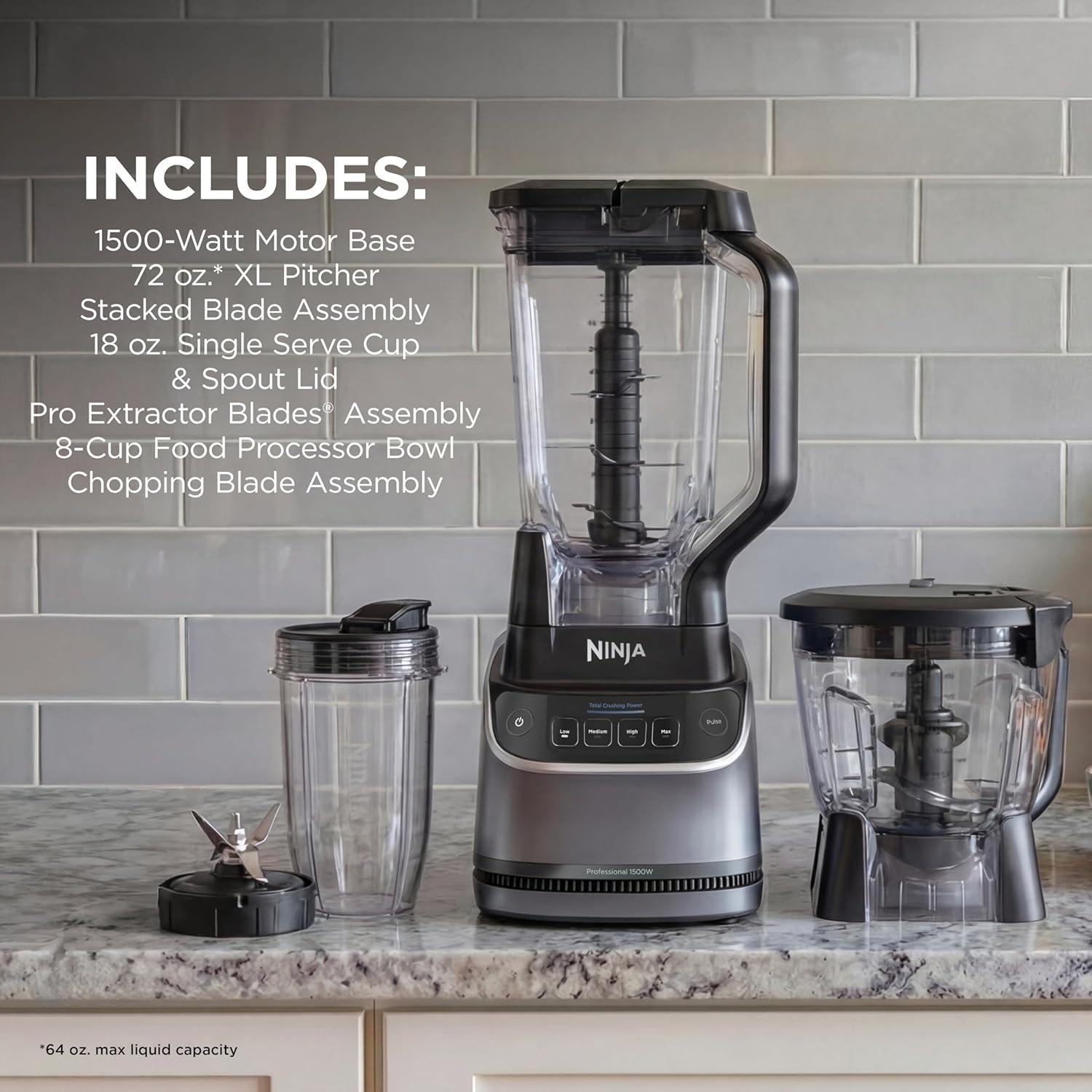 imageNinja Kitchen System AllinOne Food Processor amp Blender With 8Cup Bowl amp 1 24 oz ToGo Cup For Smoothies Cookie Dough Salsas Cole Slaw amp More 1800 Watt Black TB401Blender Bowl 1 18oz Cup