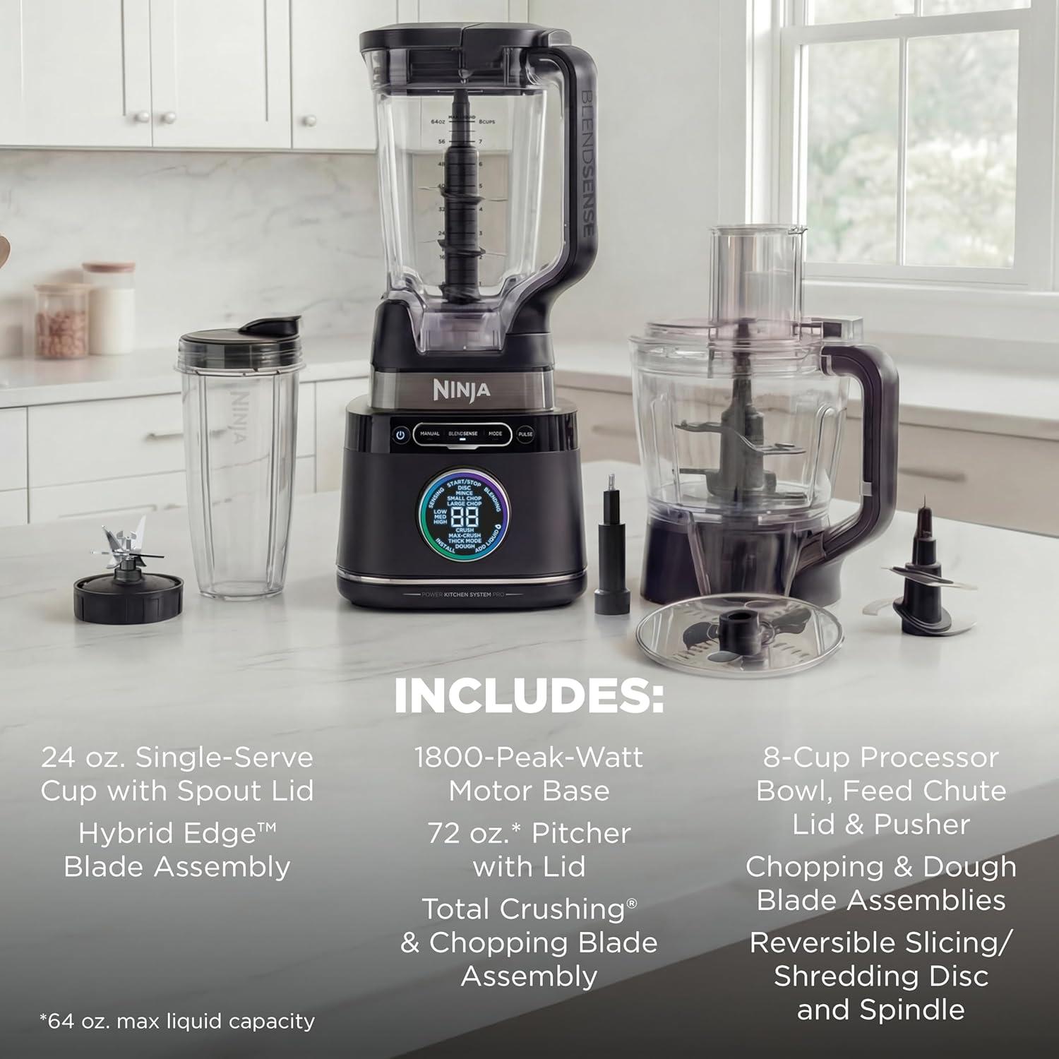 imageNinja Kitchen System AllinOne Food Processor amp Blender With 8Cup Bowl amp 1 24 oz ToGo Cup For Smoothies Cookie Dough Salsas Cole Slaw amp More 1800 Watt Black TB401Blender Bowl 1 24oz Cup