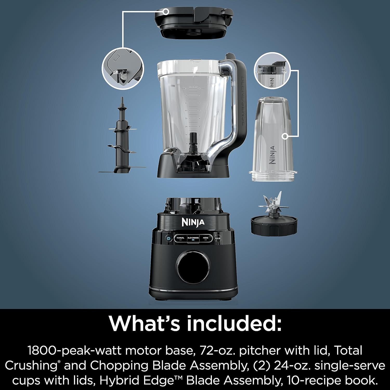 imageNinja Kitchen System AllinOne Food Processor amp Blender With 8Cup Bowl amp 1 24 oz ToGo Cup For Smoothies Cookie Dough Salsas Cole Slaw amp More 1800 Watt Black TB401Blender 2 24oz Cups