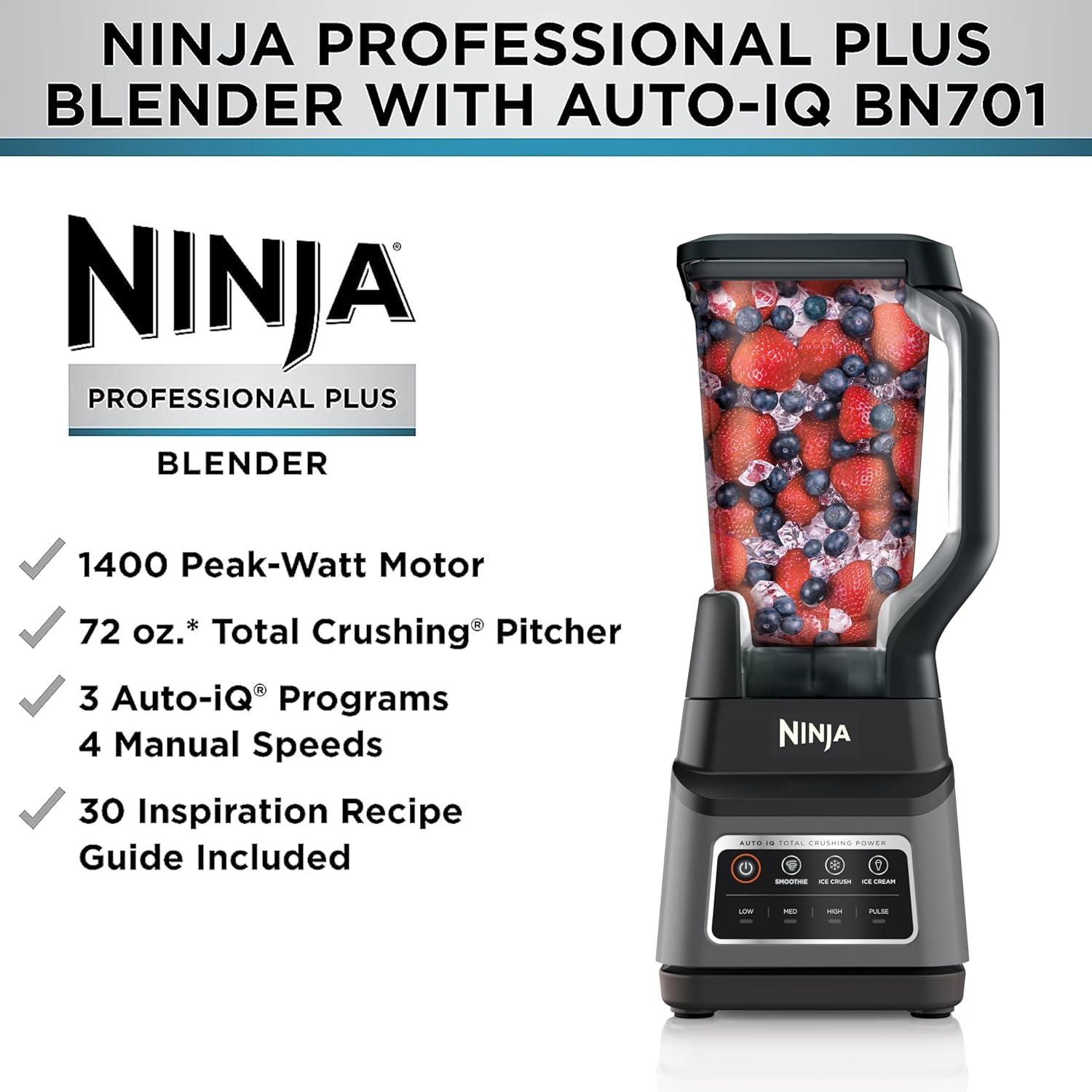 imageNinja BN751 Professional Plus DUO Blender 1400 Peak Watts 3 AutoIQ Programs for Smoothies Frozen Drinks amp Nutrient Extractions 72oz Total Crushing Pitcher amp 2 24 oz ToGo Cups Black72 oz Blender Total Crushing Pitcher