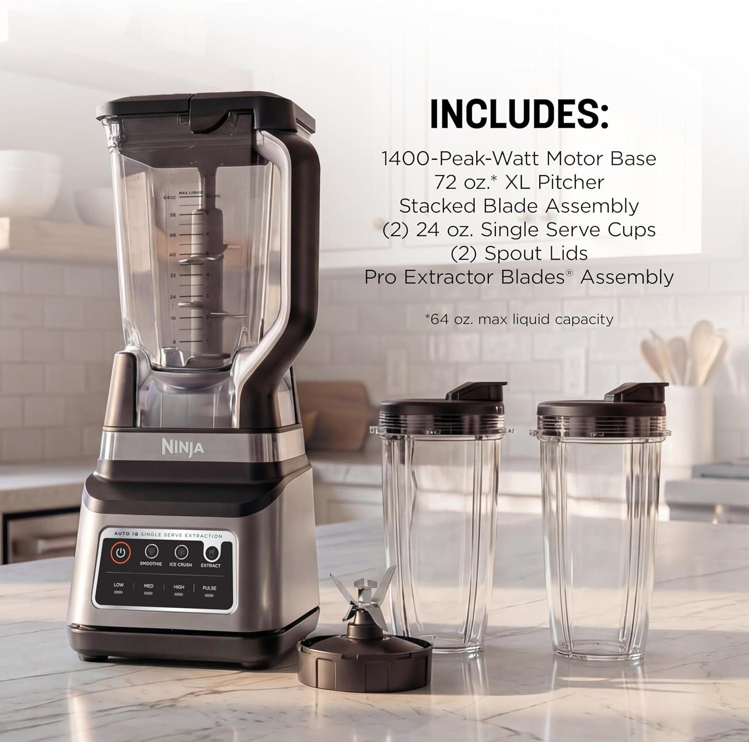 imageNinja BN751 Professional Plus DUO Blender 1400 Peak Watts 3 AutoIQ Programs for Smoothies Frozen Drinks amp Nutrient Extractions 72oz Total Crushing Pitcher amp 2 24 oz ToGo Cups Black72 oz Blender 24 oz Cups