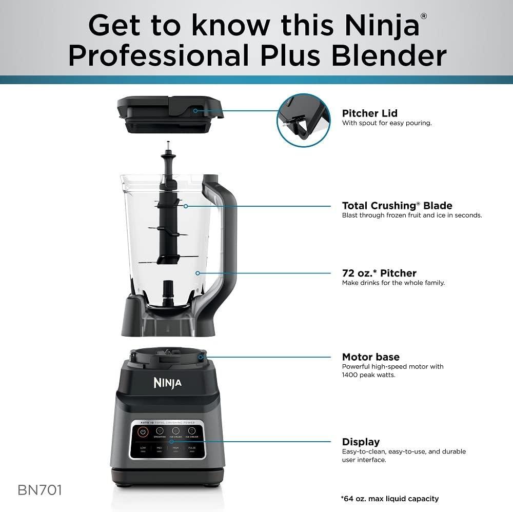imageNinja BN751 Professional Plus DUO Blender 1400 Peak Watts 3 AutoIQ Programs for Smoothies Frozen Drinks amp Nutrient Extractions 72oz Total Crushing Pitcher amp 2 24 oz ToGo Cups Black72 oz Blender Total Crushing Pitcher