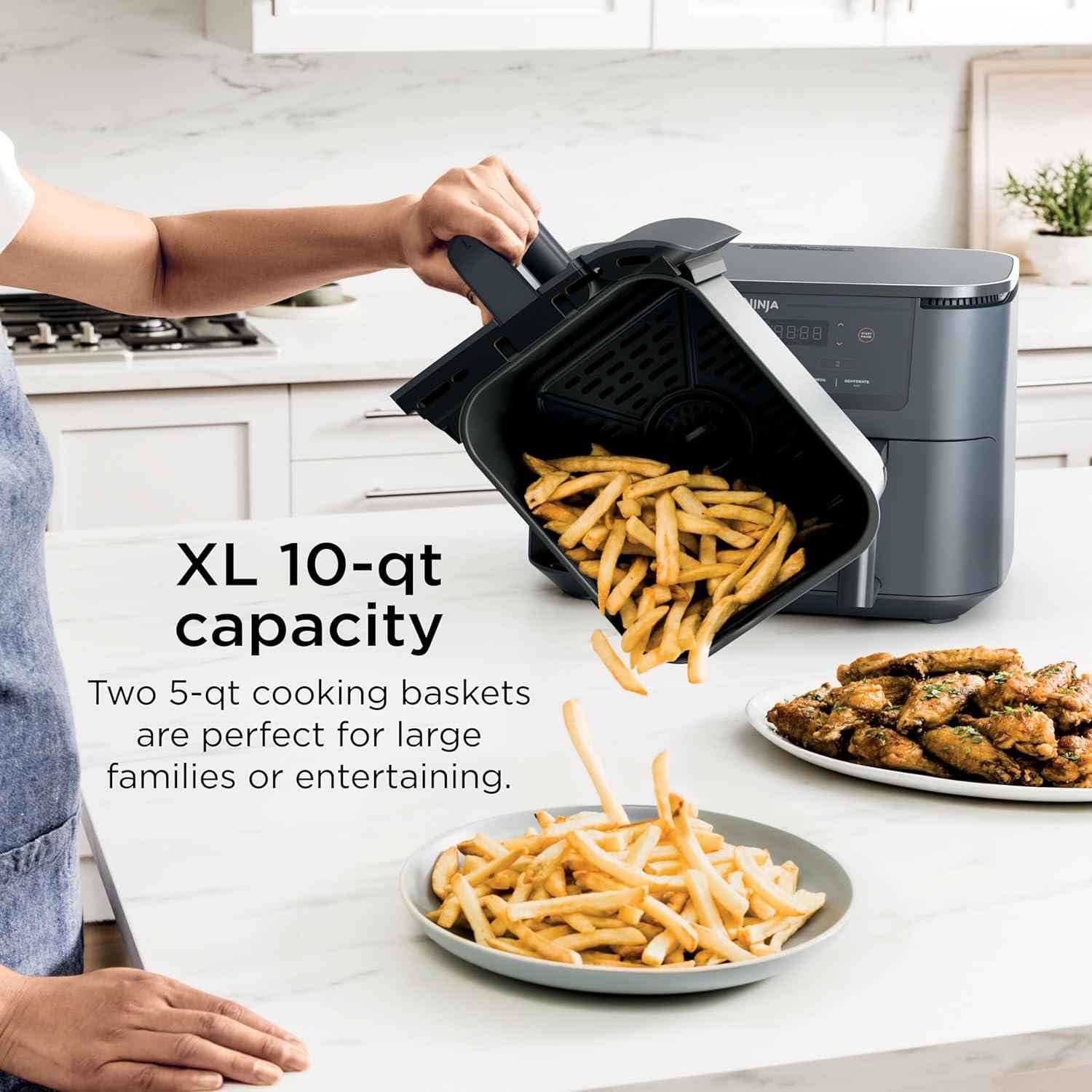 imageNinja DZ201 Foodi 8 Quart 6in1 DualZone 2Basket Air Fryer with 2 Independent Frying Baskets Match Cook amp Smart Finish to Roast Broil Dehydrate amp More for Quick Easy Meals Grey10QT wThermometer GREY