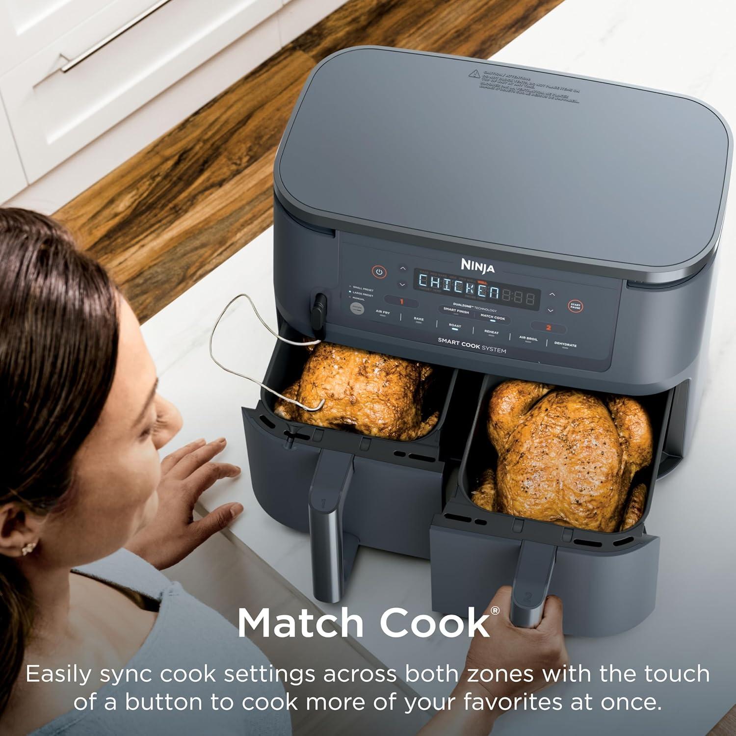 imageNinja DZ201 Foodi 8 Quart 6in1 DualZone 2Basket Air Fryer with 2 Independent Frying Baskets Match Cook amp Smart Finish to Roast Broil Dehydrate amp More for Quick Easy Meals Grey10QT wThermometer GREY