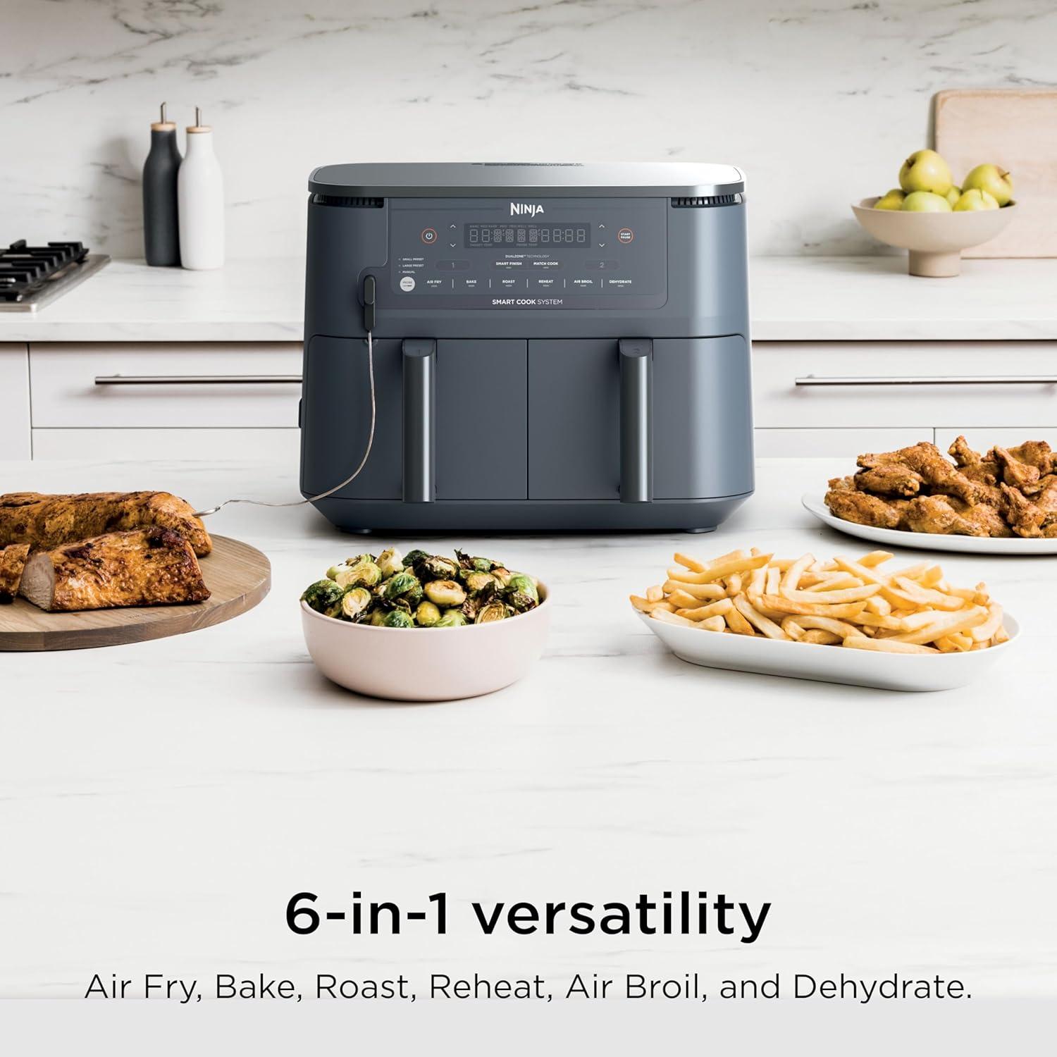 imageNinja DZ201 Foodi 8 Quart 6in1 DualZone 2Basket Air Fryer with 2 Independent Frying Baskets Match Cook amp Smart Finish to Roast Broil Dehydrate amp More for Quick Easy Meals Grey10QT wThermometer GREY
