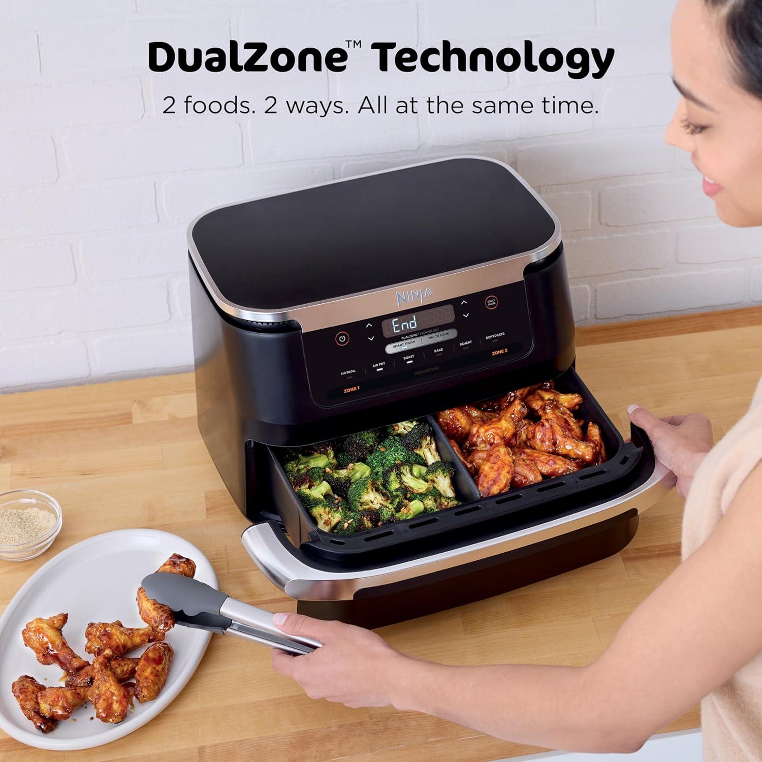 imageNinja DZ201 Foodi 8 Quart 6in1 DualZone 2Basket Air Fryer with 2 Independent Frying Baskets Match Cook amp Smart Finish to Roast Broil Dehydrate amp More for Quick Easy Meals Grey7QT BLACK