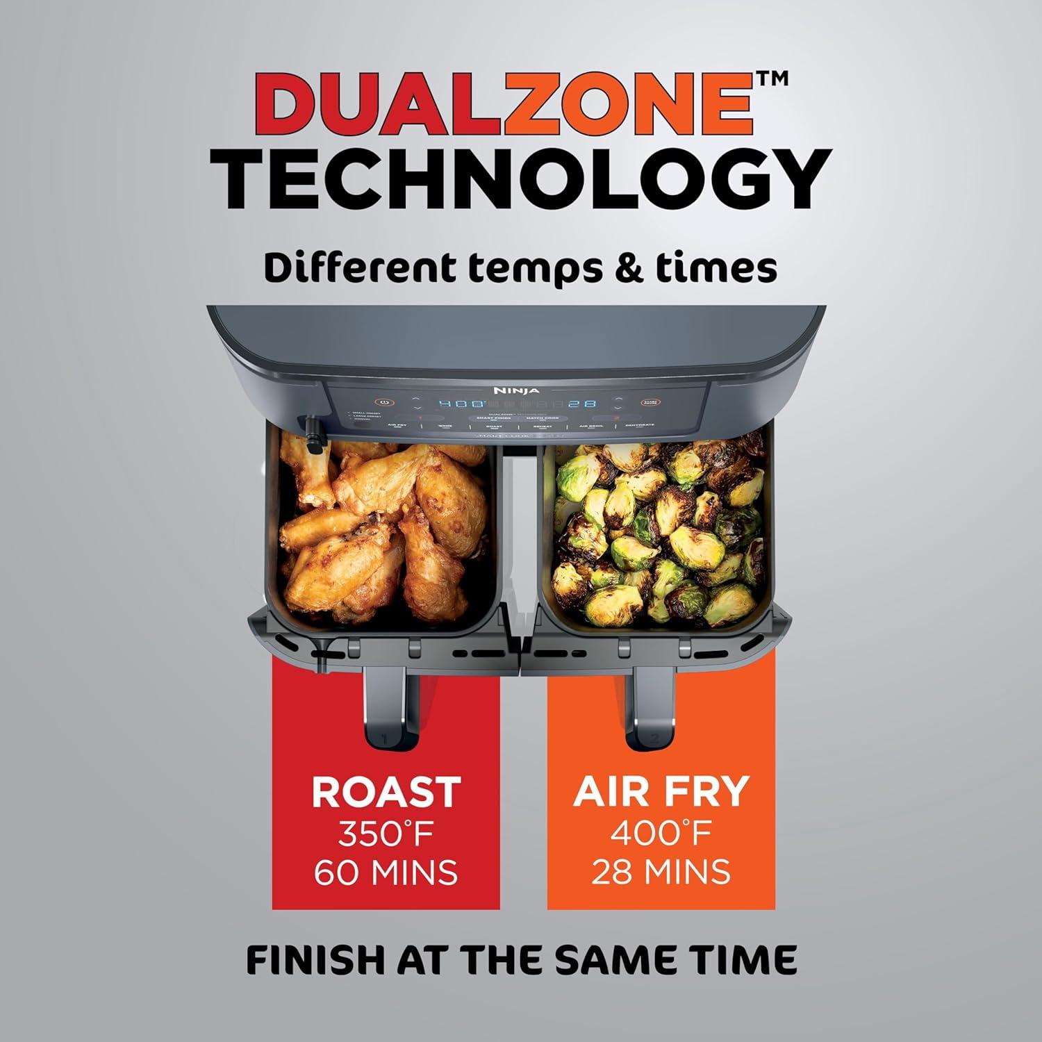 imageNinja DZ201 Foodi 8 Quart 6in1 DualZone 2Basket Air Fryer with 2 Independent Frying Baskets Match Cook amp Smart Finish to Roast Broil Dehydrate amp More for Quick Easy Meals Grey10QT wThermometer GREY