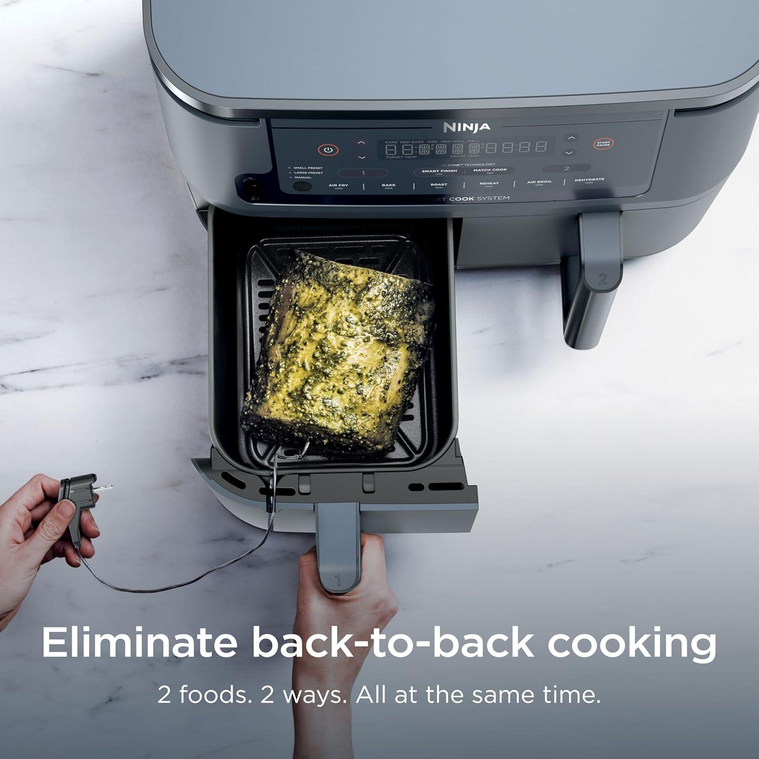 imageNinja DZ201 Foodi 8 Quart 6in1 DualZone 2Basket Air Fryer with 2 Independent Frying Baskets Match Cook amp Smart Finish to Roast Broil Dehydrate amp More for Quick Easy Meals Grey10QT wThermometer GREY