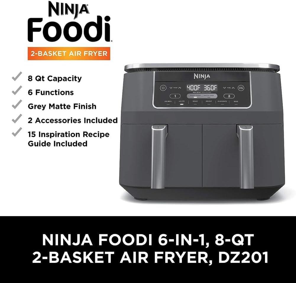 imageNinja DZ201 Foodi 8 Quart 6in1 DualZone 2Basket Air Fryer with 2 Independent Frying Baskets Match Cook amp Smart Finish to Roast Broil Dehydrate amp More for Quick Easy Meals Grey8QT GREY