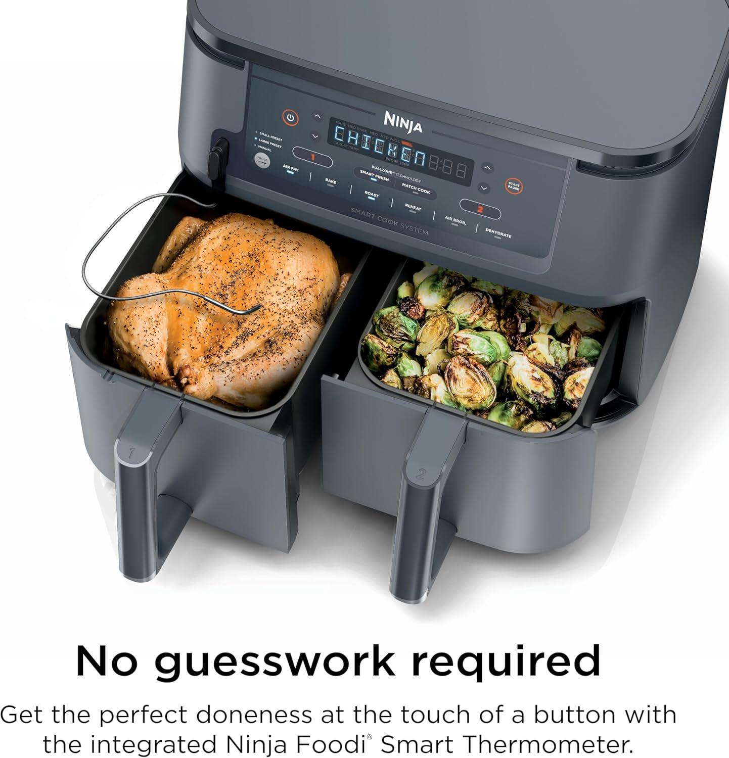 imageNinja DZ201 Foodi 8 Quart 6in1 DualZone 2Basket Air Fryer with 2 Independent Frying Baskets Match Cook amp Smart Finish to Roast Broil Dehydrate amp More for Quick Easy Meals Grey10QT wThermometer GREY
