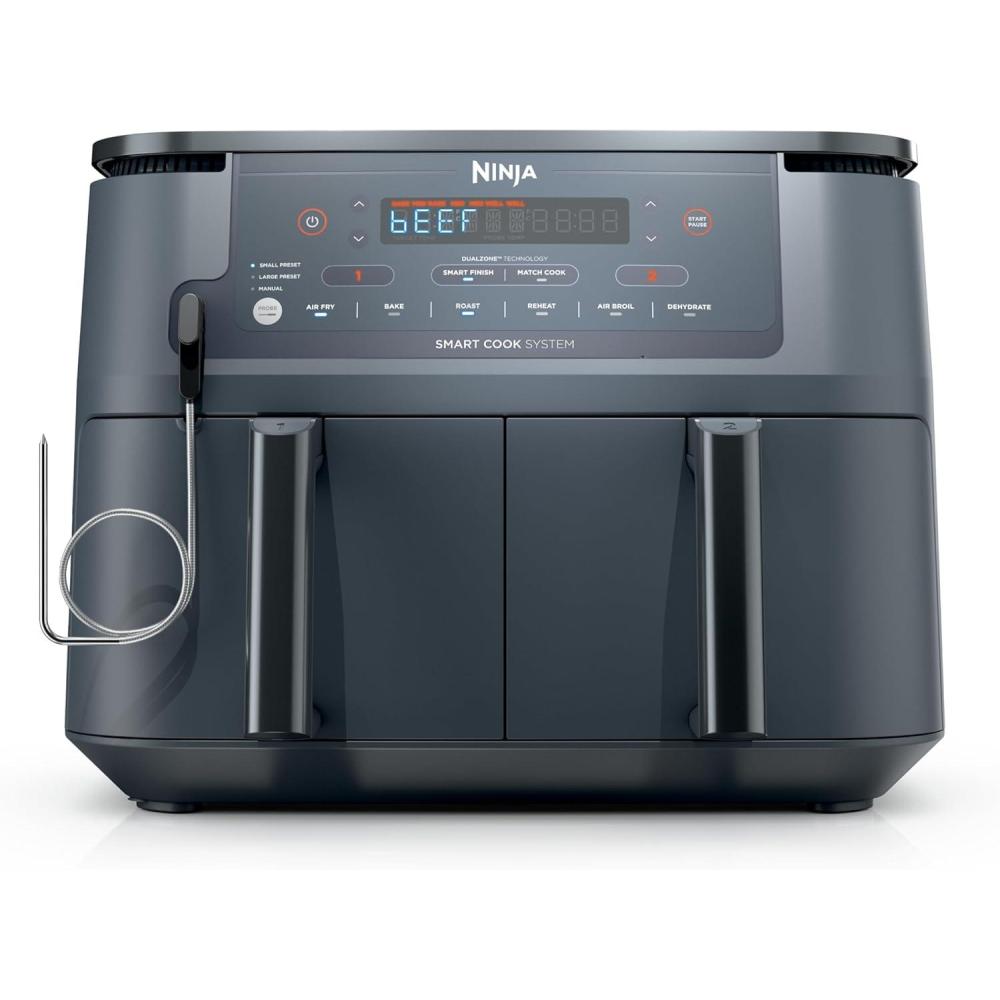 imageNinja DZ201 Foodi 8 Quart 6in1 DualZone 2Basket Air Fryer with 2 Independent Frying Baskets Match Cook amp Smart Finish to Roast Broil Dehydrate amp More for Quick Easy Meals Grey10QT wThermometer GREY