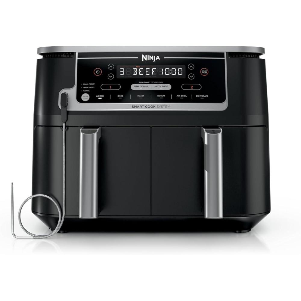 imageNinja DZ201 Foodi 8 Quart 6in1 DualZone 2Basket Air Fryer with 2 Independent Frying Baskets Match Cook amp Smart Finish to Roast Broil Dehydrate amp More for Quick Easy Meals Grey10QT wThermometer BLACK