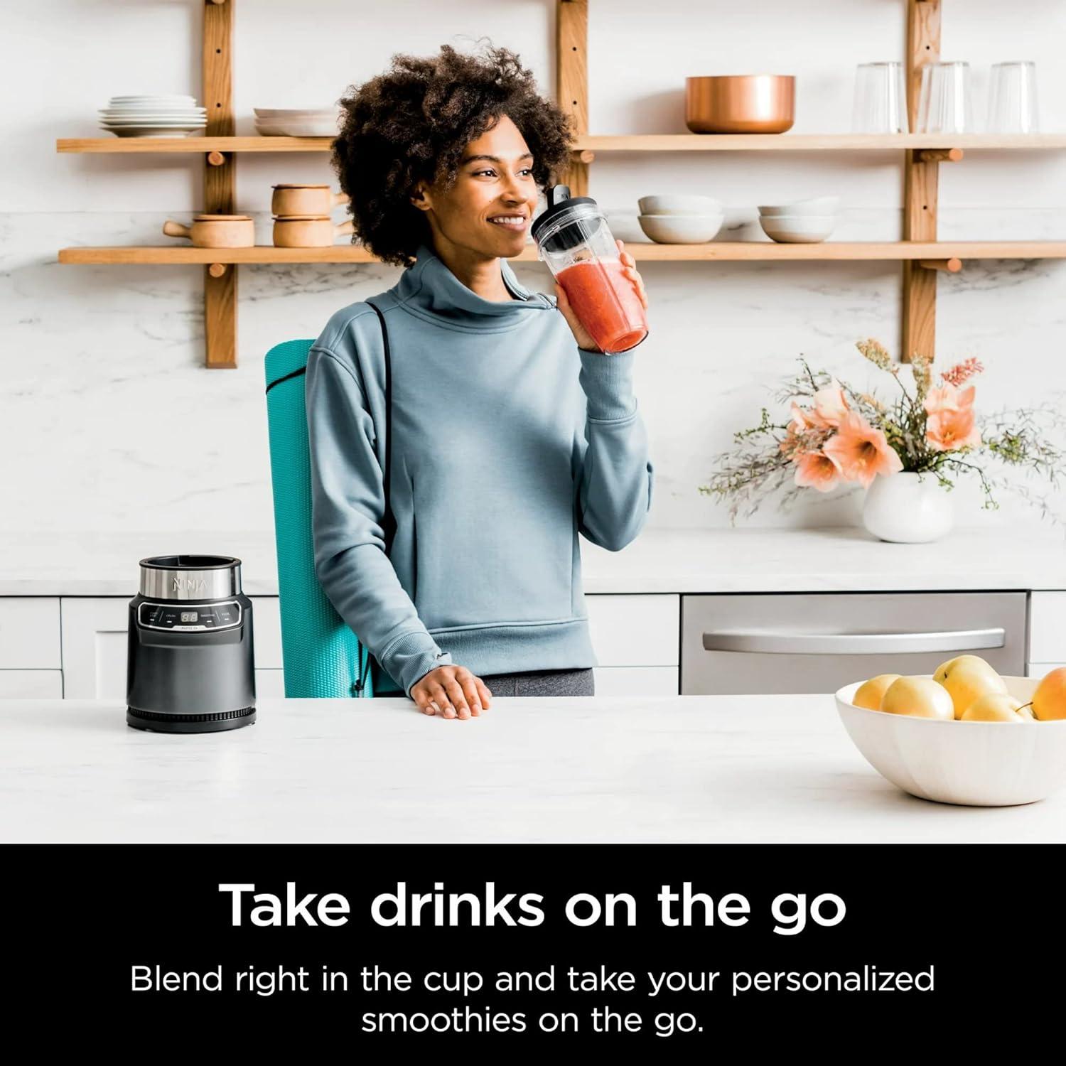 imageNinja BN400 Nutri Pro Compact Personal Blender AutoiQ Technology 1000Watts for Frozen Drinks Smoothies Sauces amp More with 18oz amp 24oz ToGo Cups amp Spout Lids Stone Silver Renewed
