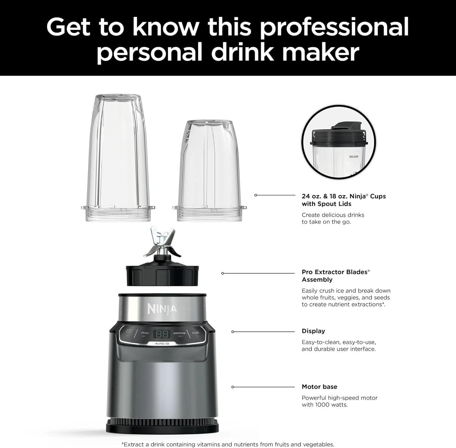 imageNinja BN400 Nutri Pro Compact Personal Blender AutoiQ Technology 1000Watts for Frozen Drinks Smoothies Sauces amp More with 18oz amp 24oz ToGo Cups amp Spout Lids Stone Silver Renewed