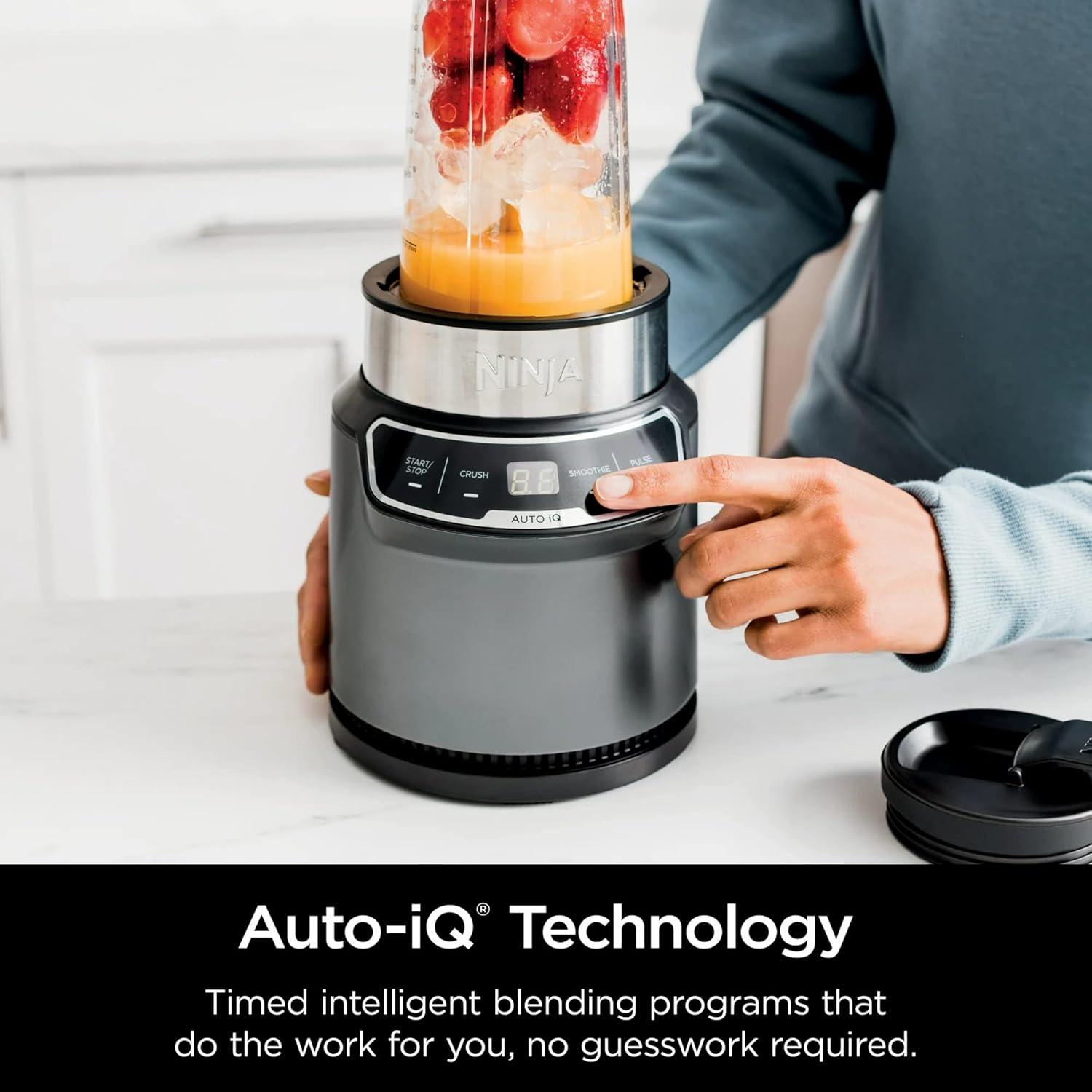 imageNinja BN400 Nutri Pro Compact Personal Blender AutoiQ Technology 1000Watts for Frozen Drinks Smoothies Sauces amp More with 18oz amp 24oz ToGo Cups amp Spout Lids Stone Silver Renewed