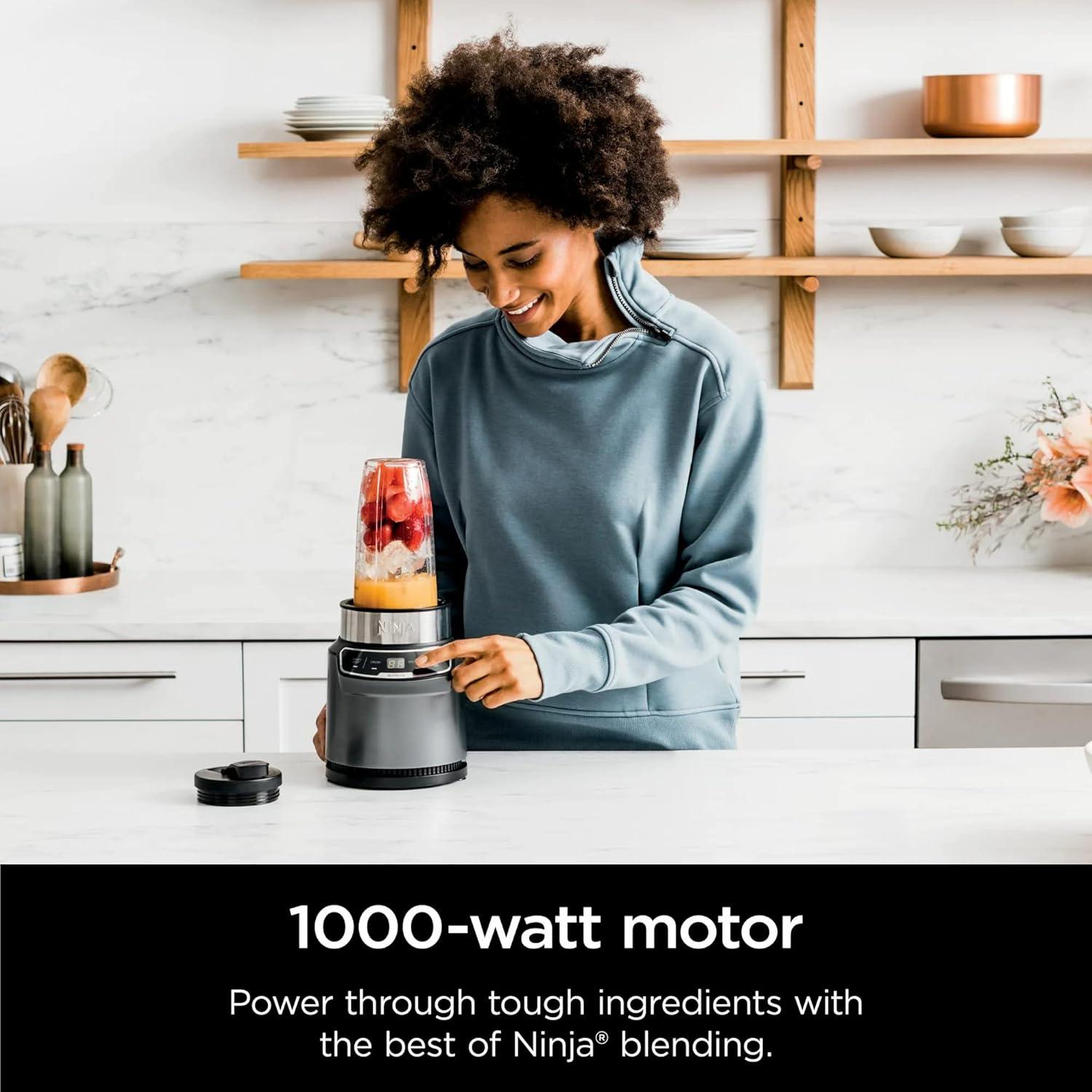 imageNinja BN400 Nutri Pro Compact Personal Blender AutoiQ Technology 1000Watts for Frozen Drinks Smoothies Sauces amp More with 18oz amp 24oz ToGo Cups amp Spout Lids Stone Silver Renewed