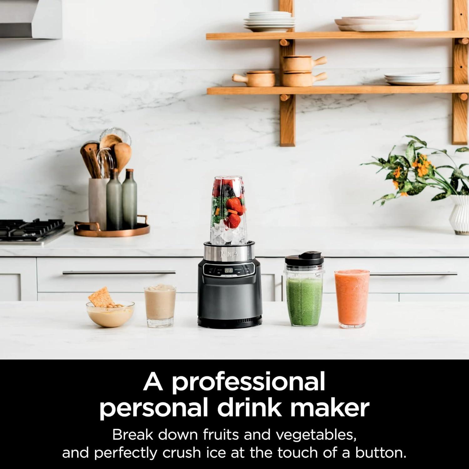 imageNinja BN400 Nutri Pro Compact Personal Blender AutoiQ Technology 1000Watts for Frozen Drinks Smoothies Sauces amp More with 18oz amp 24oz ToGo Cups amp Spout Lids Stone Silver Renewed