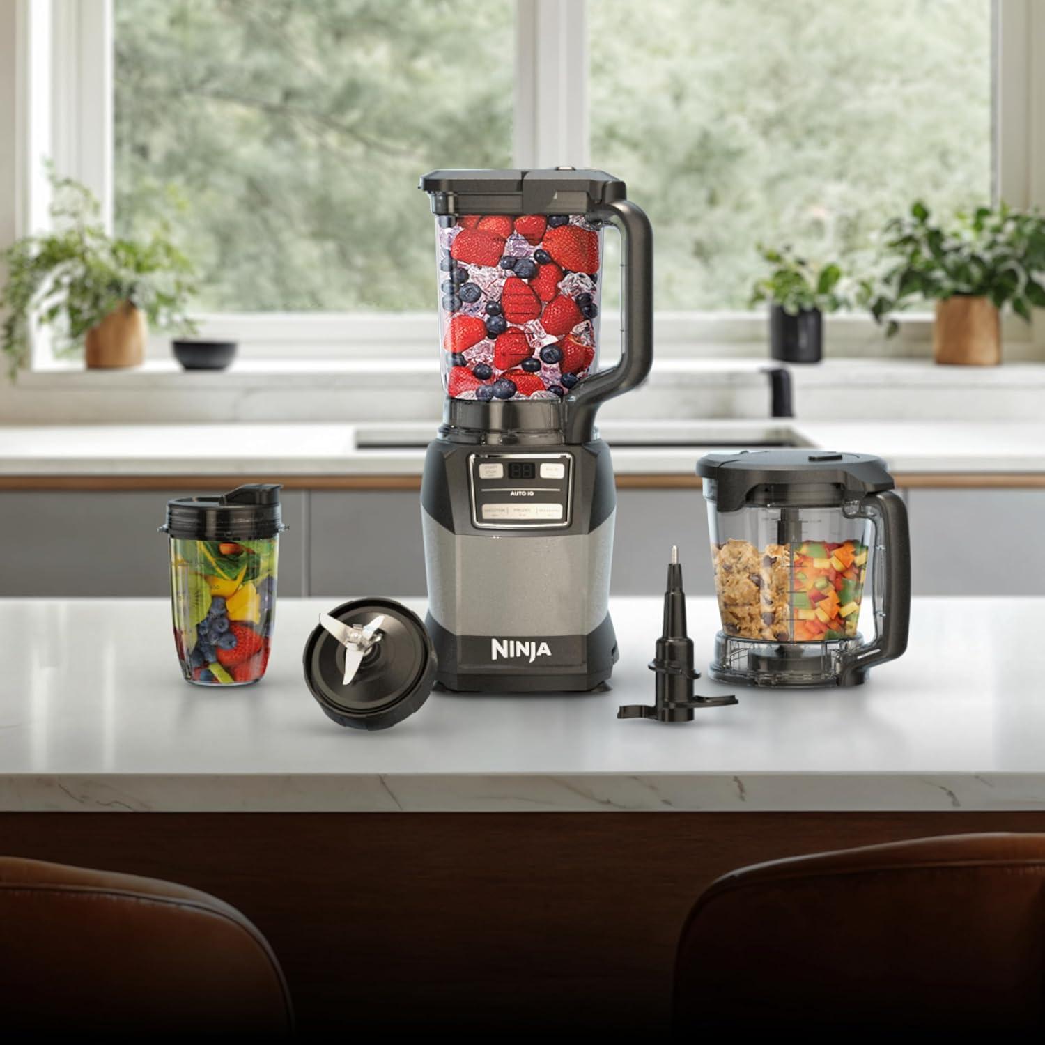 imageNinja Blender Compact Kitchen System 1200W 3 Functions for Smoothies Dough amp Frozen Drinks with AutoIQ 72oz Blender Pitcher 40oz Processor Bowl amp 18oz SingleServe Cup Grey AMZ493BRN1200 Peak Watts