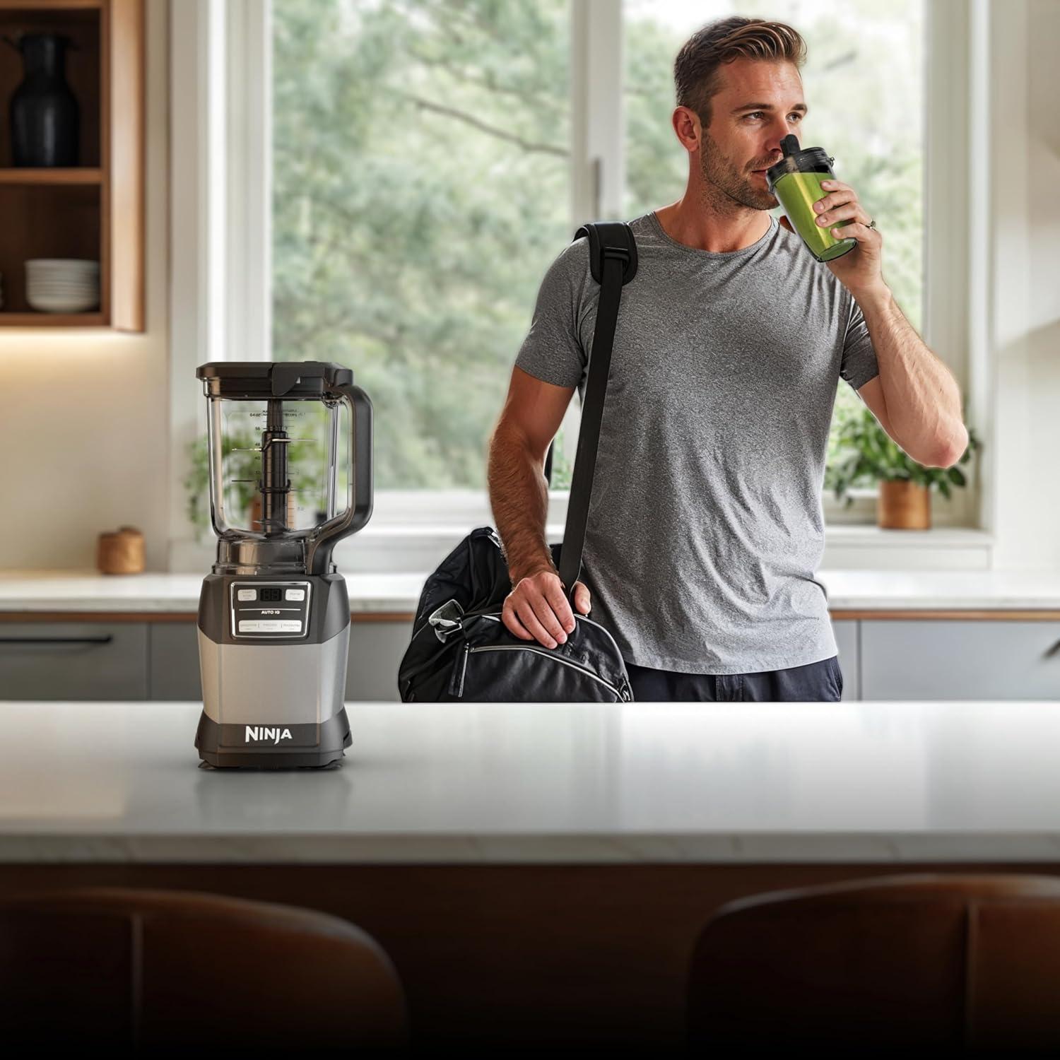 imageNinja Blender Compact Kitchen System 1200W 3 Functions for Smoothies Dough amp Frozen Drinks with AutoIQ 72oz Blender Pitcher 40oz Processor Bowl amp 18oz SingleServe Cup Grey AMZ493BRN1200 Peak Watts