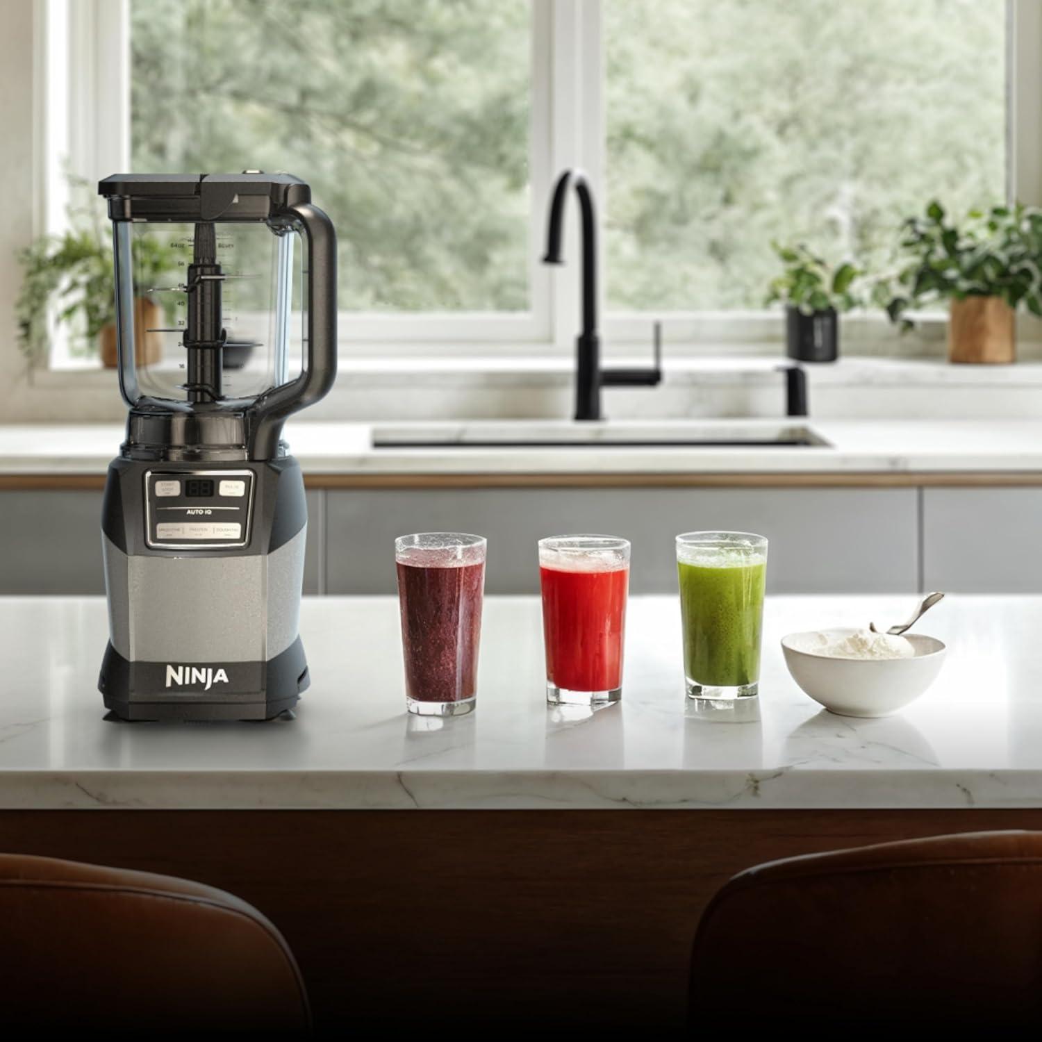 imageNinja Blender Compact Kitchen System 1200W 3 Functions for Smoothies Dough amp Frozen Drinks with AutoIQ 72oz Blender Pitcher 40oz Processor Bowl amp 18oz SingleServe Cup Grey AMZ493BRN1200 Peak Watts