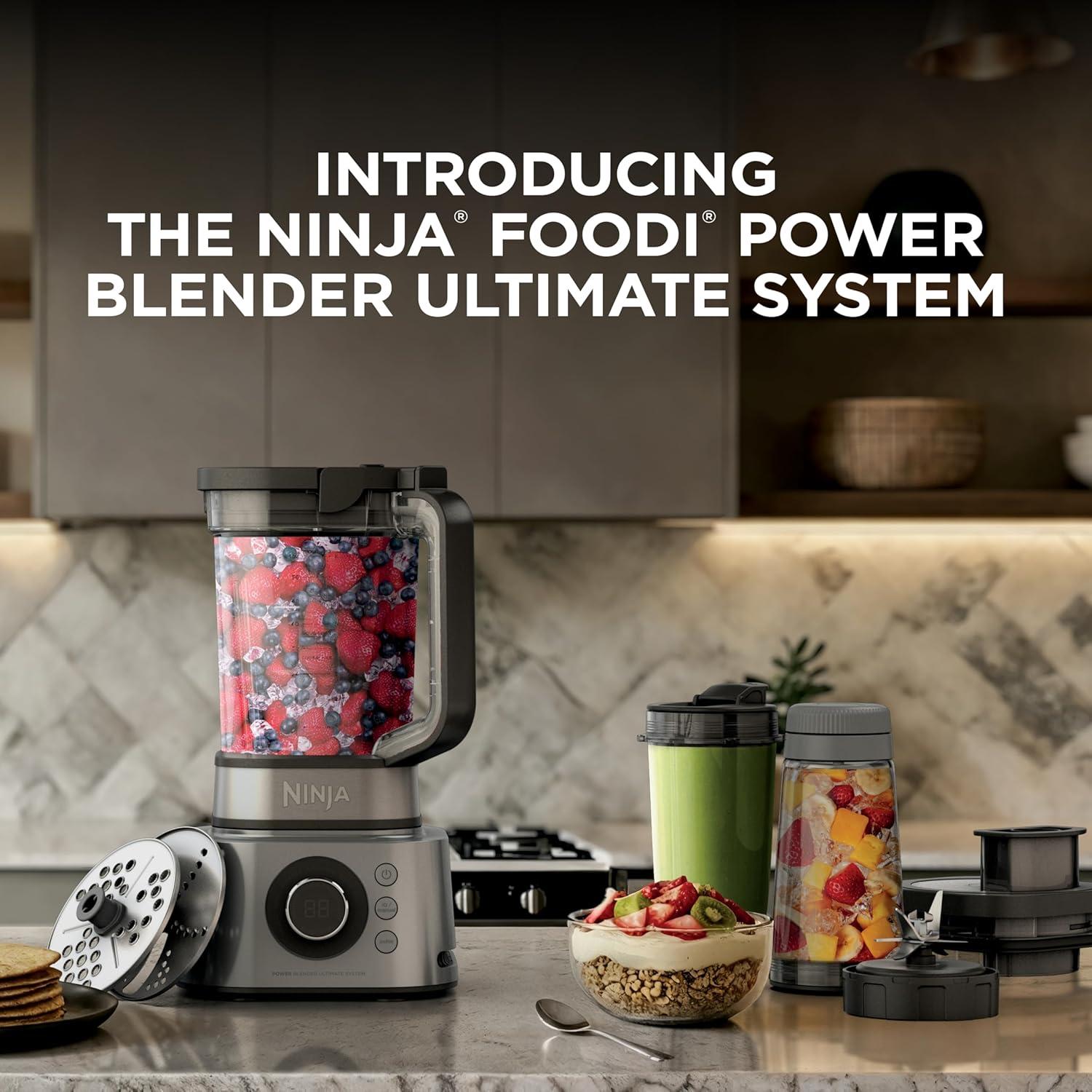 imageNinja Blender Compact Kitchen System 1200W 3 Functions for Smoothies Dough amp Frozen Drinks with AutoIQ 72oz Blender Pitcher 40oz Processor Bowl amp 18oz SingleServe Cup Grey AMZ493BRN1600 Peak Watts