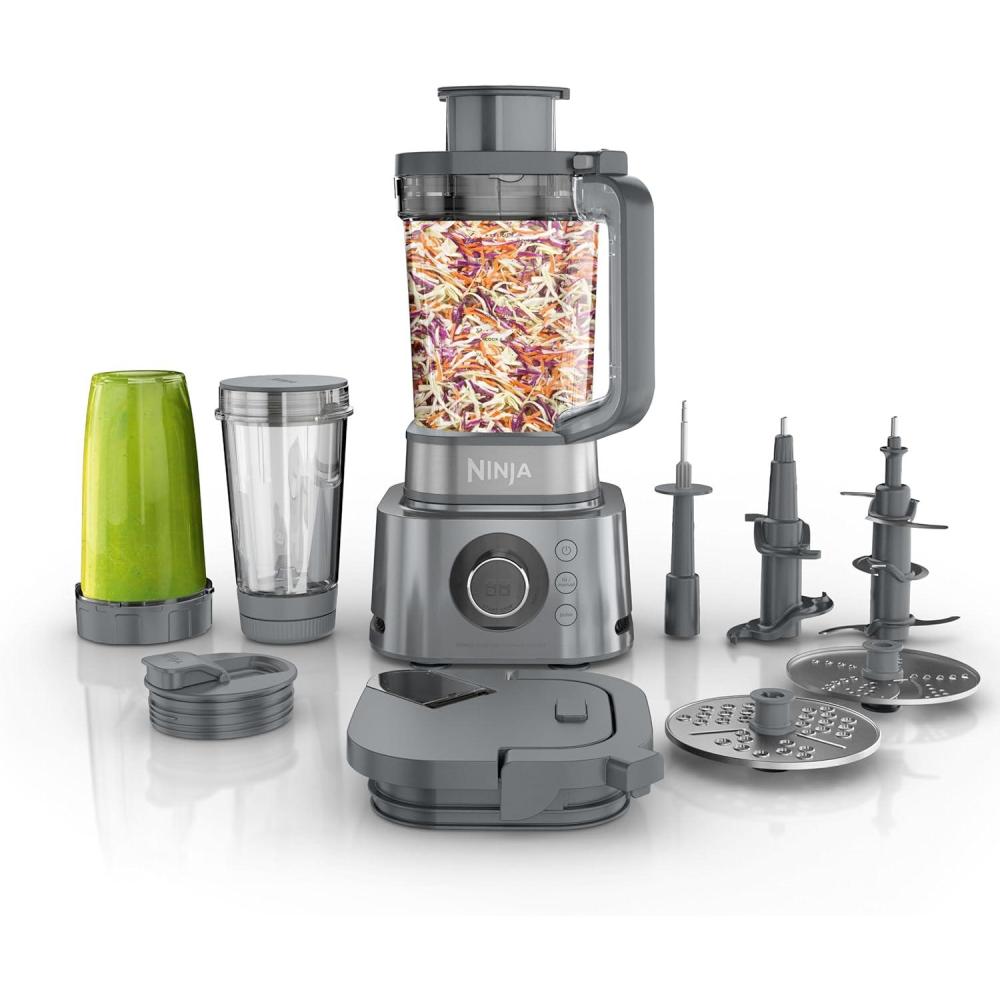 imageNinja Blender Compact Kitchen System 1200W 3 Functions for Smoothies Dough amp Frozen Drinks with AutoIQ 72oz Blender Pitcher 40oz Processor Bowl amp 18oz SingleServe Cup Grey AMZ493BRN1600 Peak Watts
