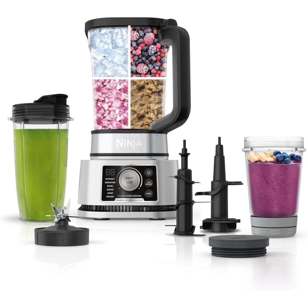 imageNinja Blender Compact Kitchen System 1200W 3 Functions for Smoothies Dough amp Frozen Drinks with AutoIQ 72oz Blender Pitcher 40oz Processor Bowl amp 18oz SingleServe Cup Grey AMZ493BRN1400 Peak Watts