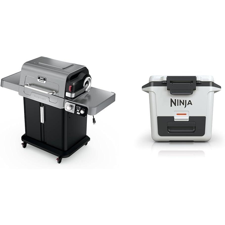 imageNinja Outdoor FlexFlame Grill and Smoker with 30QT Hard Cooler 5in1 Cooking System Dry Storage Drawer Insulated Cooler White