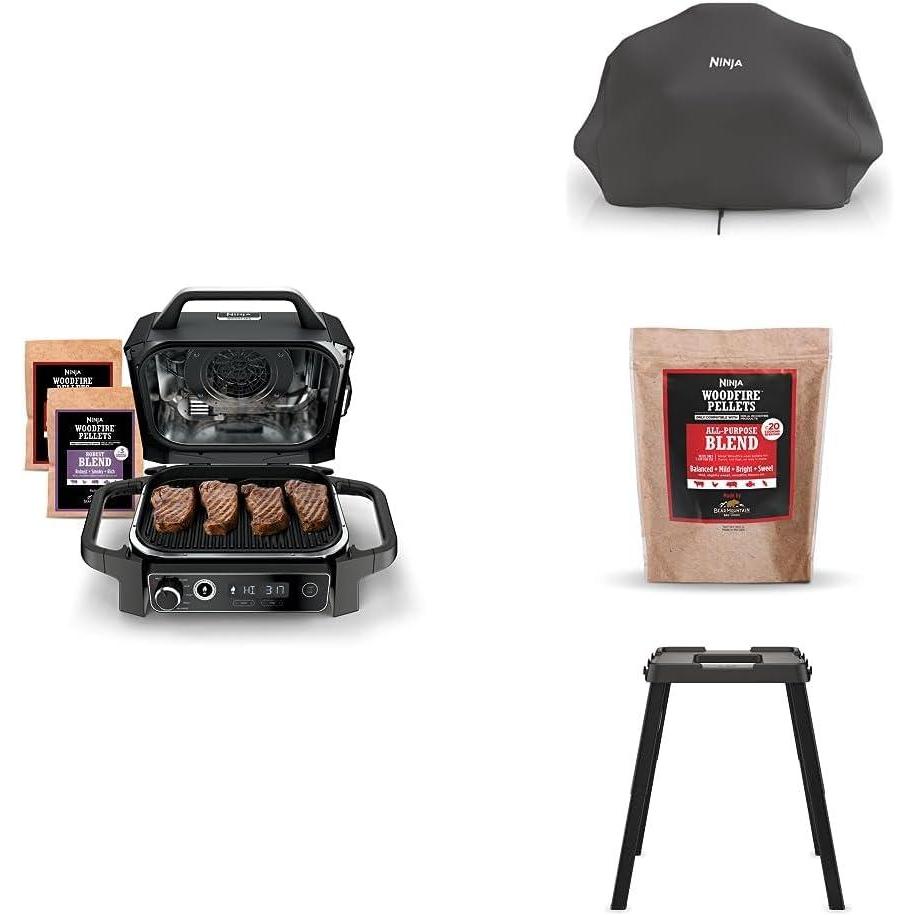 imageNinja OG751 Woodfire Pro Outdoor Grill with BuiltIn Thermometer 7in1 Master Grill BBQ SmokerampOutdoor Air Fryer plus BakeRoast DehydrateampBroilWoodfire Technologywith All Purpose Blend PelletsCover 2lb Pellets Stand