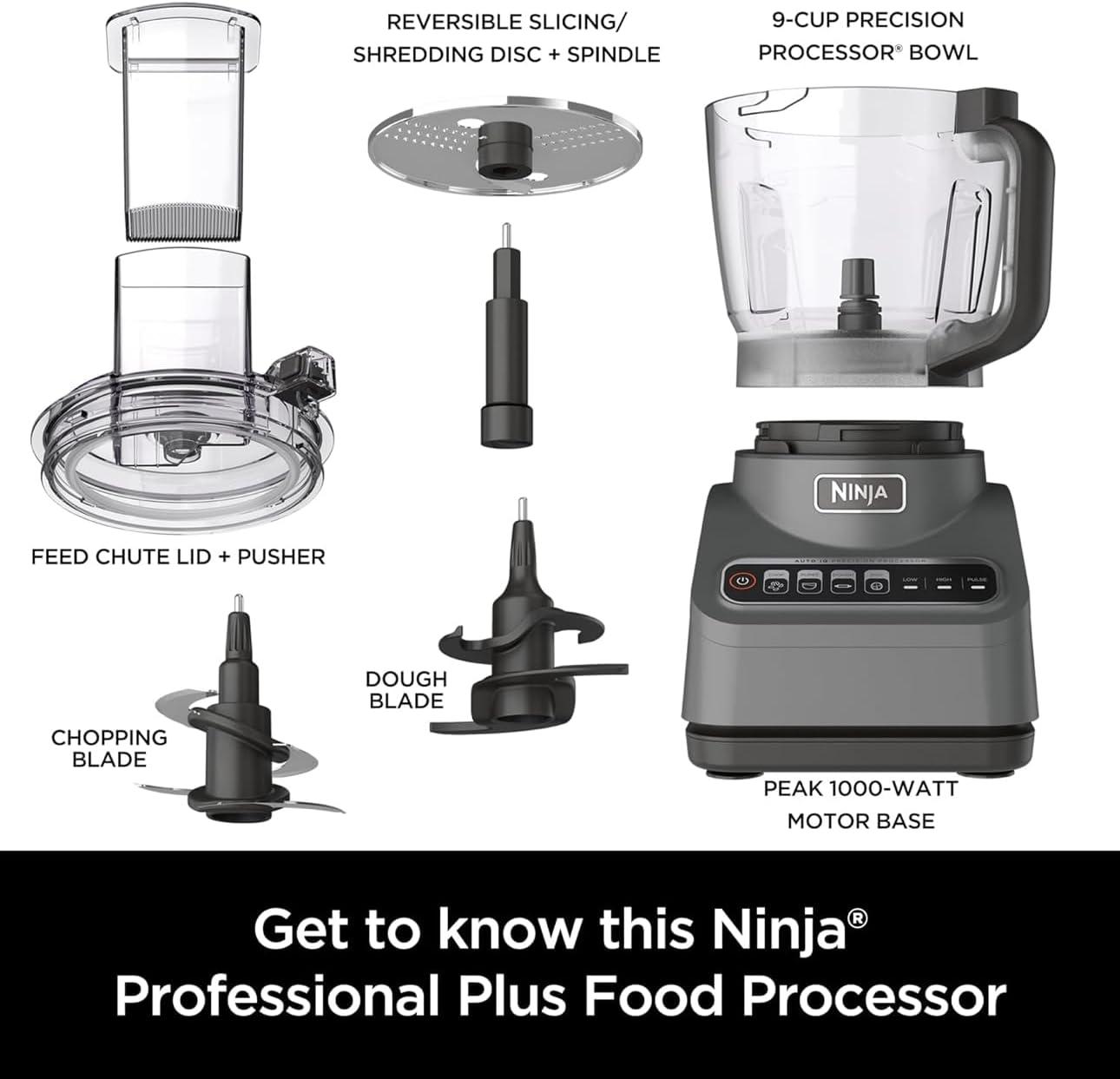 imageNinja BN600 Professional Plus Food Processor 850 Watts 3 Functions for Chopping Slicing amp Dough with 9Cup Processor Bowl 3 Blades Food Chute amp Pusher Silver