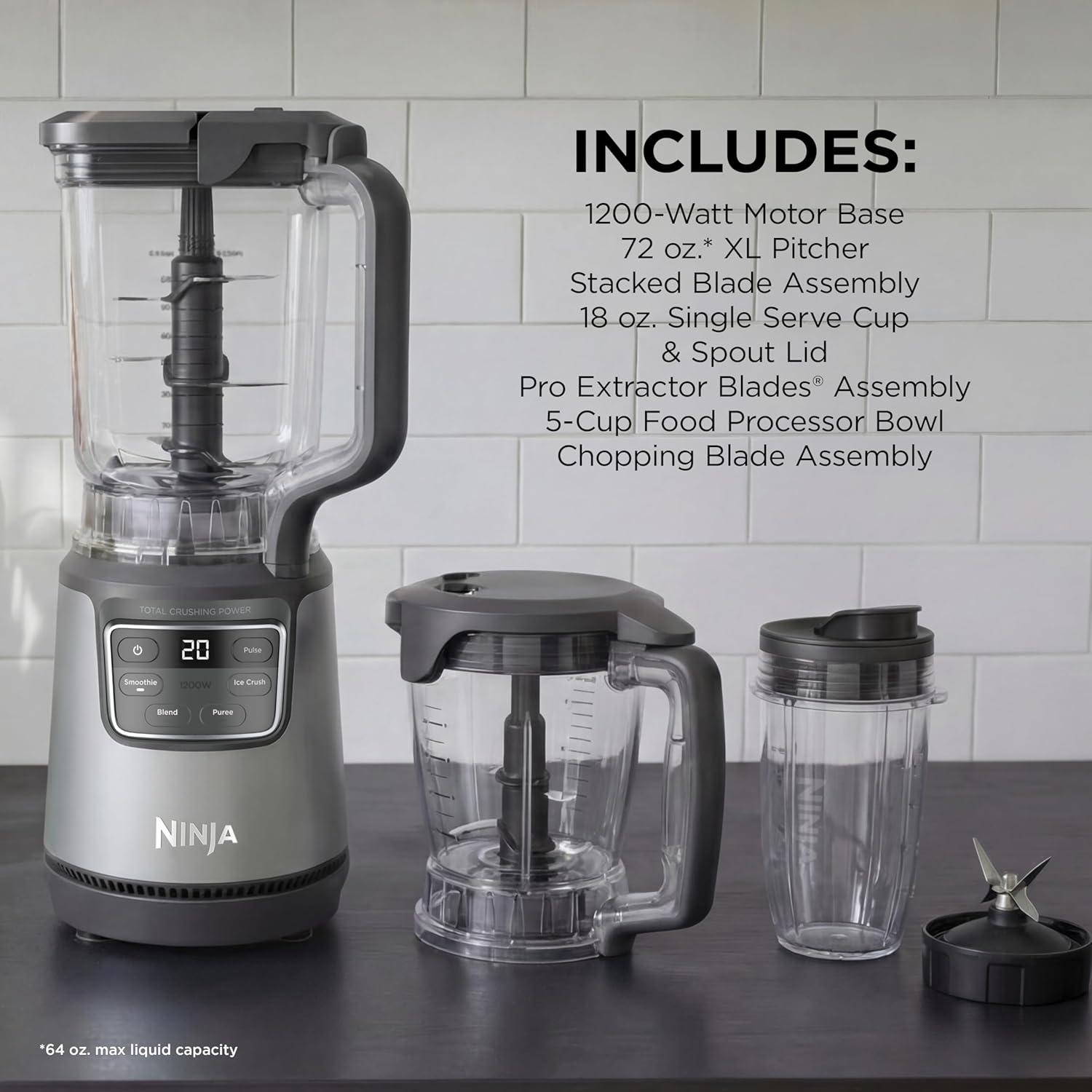 imageNinja BlendPro Kitchen System 72 oz FullSize Blender 5Cup Food Processor amp 18 oz ToGo Cup Total Crushing Tech Presets for Smoothies Ice Crush Purees amp Extracts 1200 Watt Beige BO402