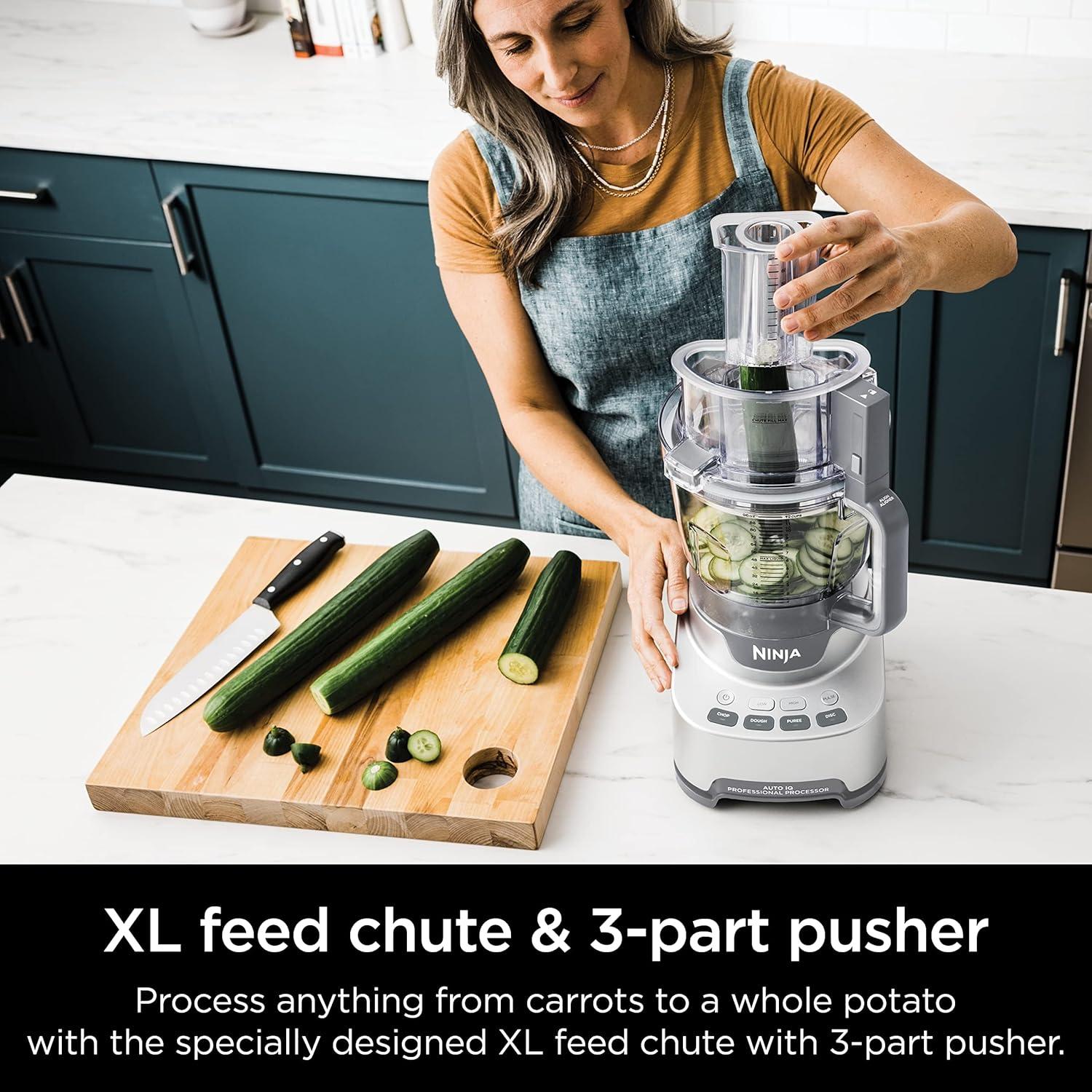 imageNinja Food Processor Professional Plus 1000 Peak Watts 4 Functions for Chopping Slicing Purees amp Dough with 9Cup Processor Bowl 3 Blades Food Chute amp Pusher Silver BN60112Cup Food Processor