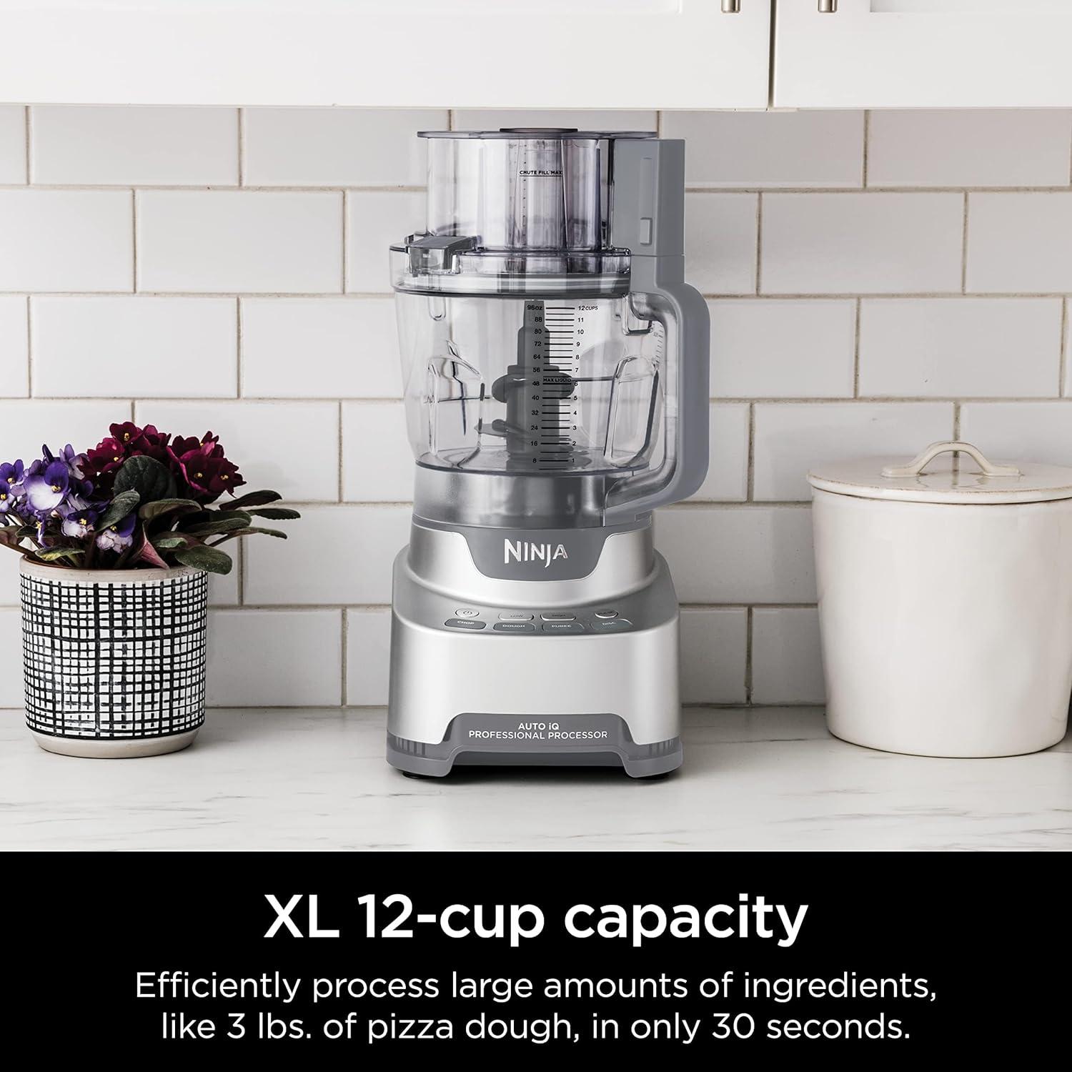 imageNinja Food Processor Professional Plus 1000 Peak Watts 4 Functions for Chopping Slicing Purees amp Dough with 9Cup Processor Bowl 3 Blades Food Chute amp Pusher Silver BN60112Cup Food Processor