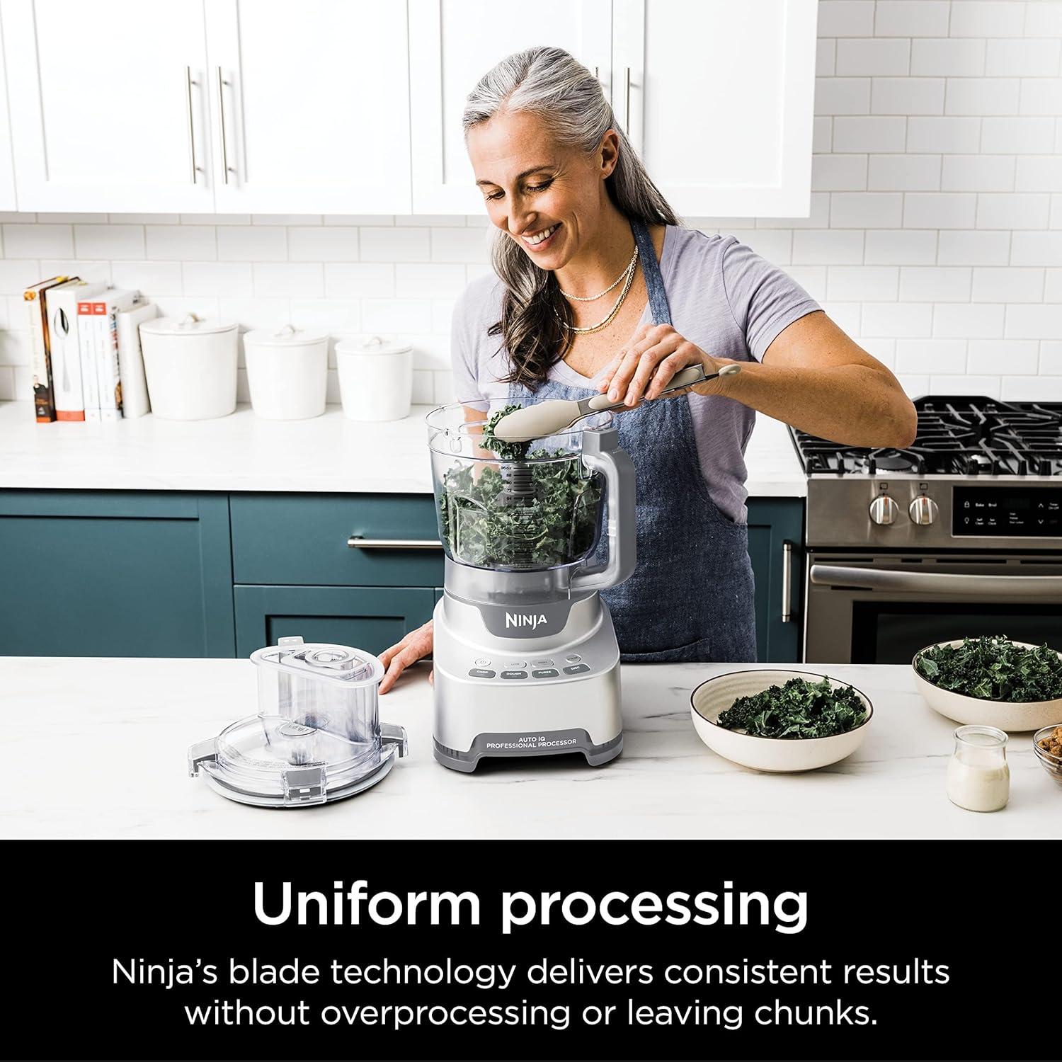 imageNinja Food Processor Professional Plus 1000 Peak Watts 4 Functions for Chopping Slicing Purees amp Dough with 9Cup Processor Bowl 3 Blades Food Chute amp Pusher Silver BN60112Cup Food Processor