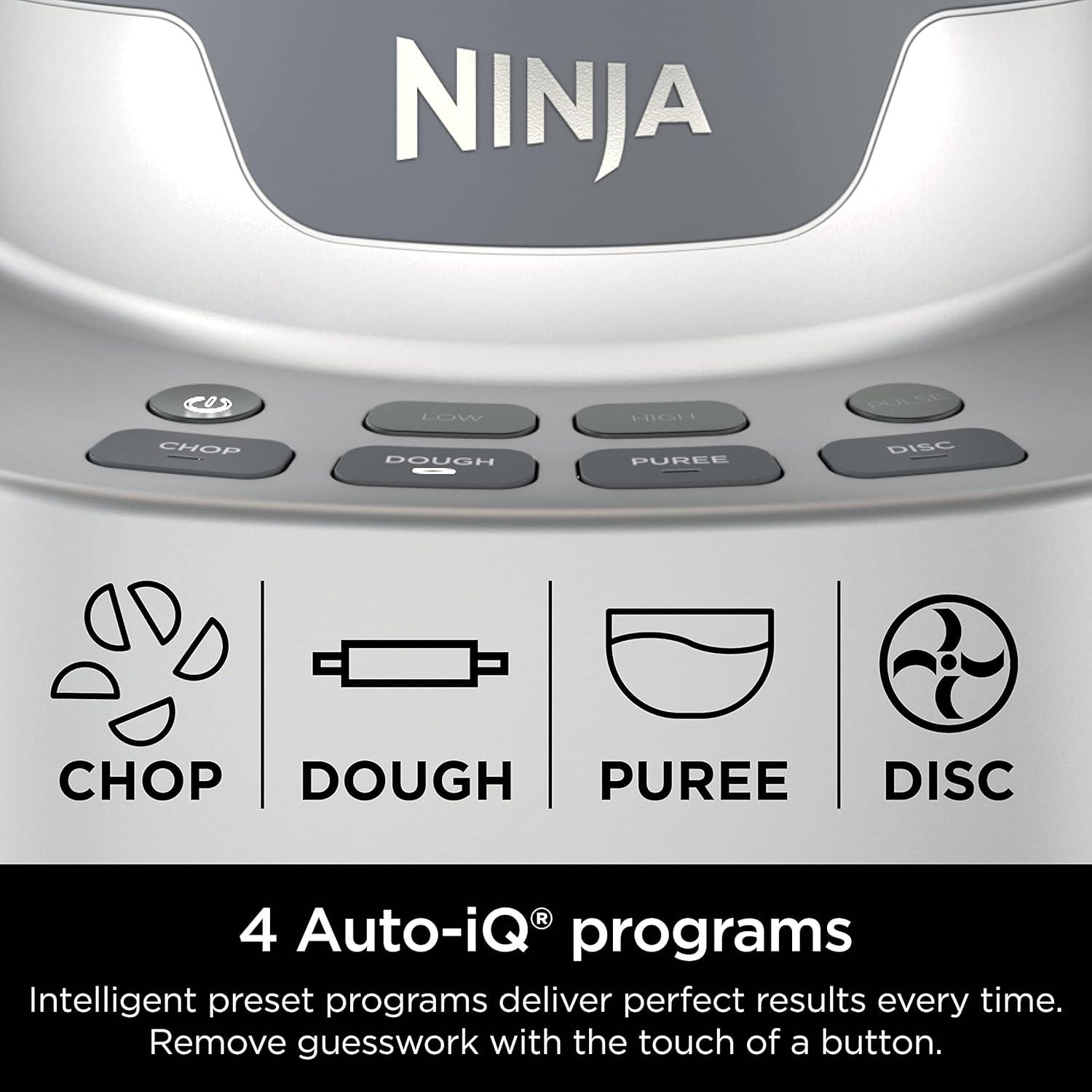 imageNinja Food Processor Professional Plus 1000 Peak Watts 4 Functions for Chopping Slicing Purees amp Dough with 9Cup Processor Bowl 3 Blades Food Chute amp Pusher Silver BN60112Cup Food Processor