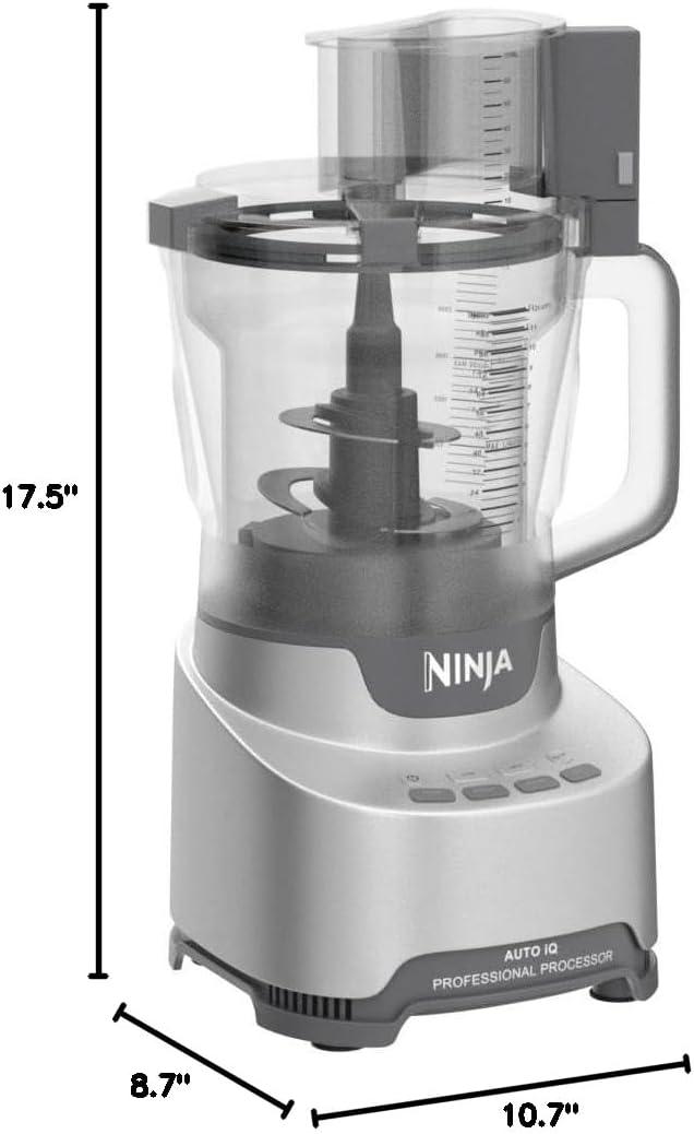 imageNinja Food Processor Professional Plus 1000 Peak Watts 4 Functions for Chopping Slicing Purees amp Dough with 9Cup Processor Bowl 3 Blades Food Chute amp Pusher Silver BN60112Cup Food Processor