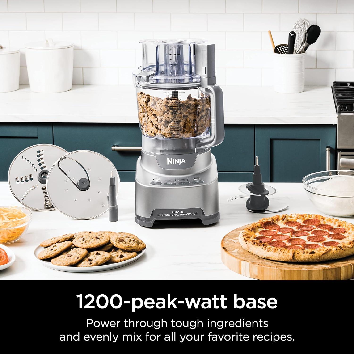 imageNinja Food Processor Professional Plus 1000 Peak Watts 4 Functions for Chopping Slicing Purees amp Dough with 9Cup Processor Bowl 3 Blades Food Chute amp Pusher Silver BN60112Cup Food Processor