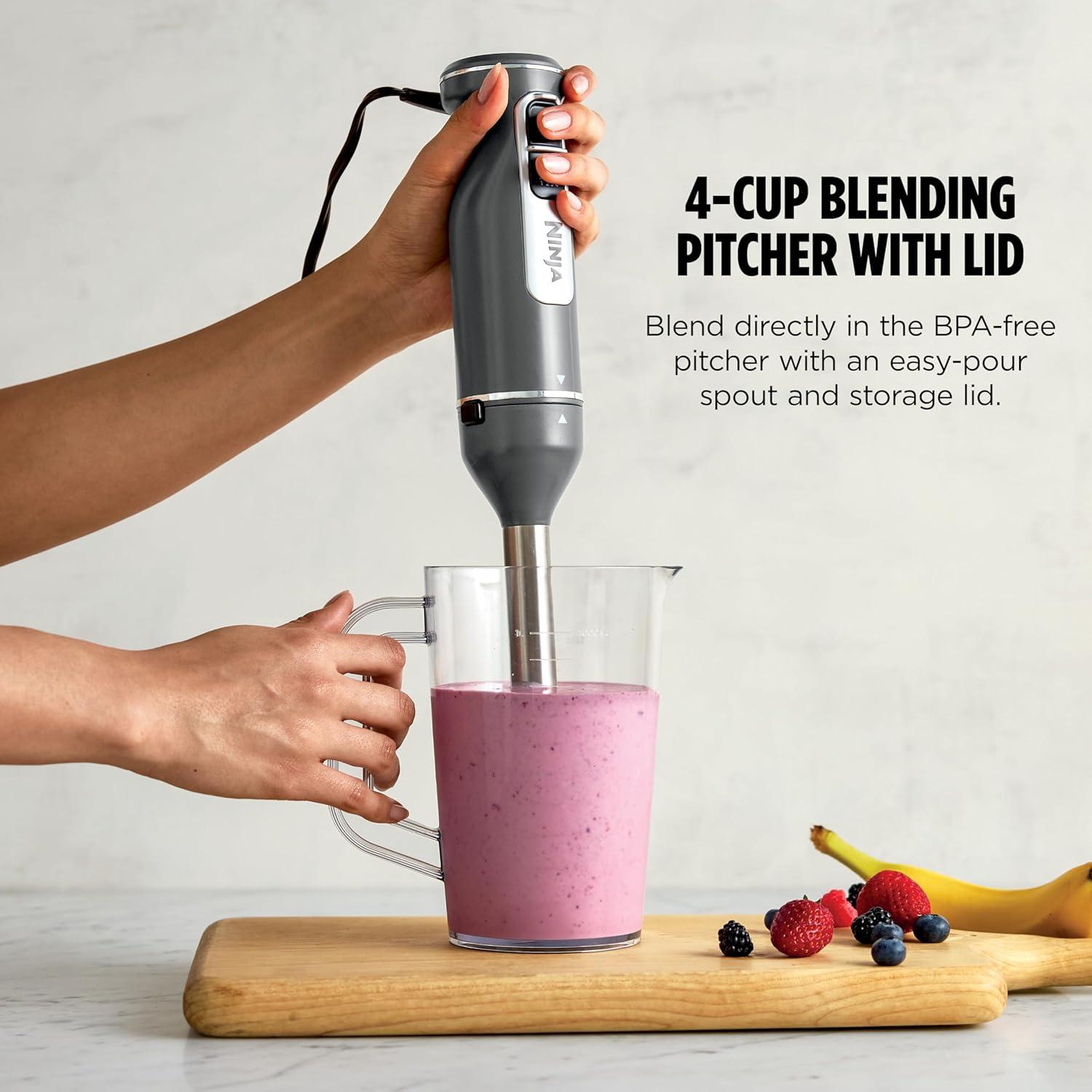 imageNinja Immersion Blender and Whisk Hand Stick Blender 4 speeds with SplatterShield and PanProtect 4Cup Blending Vessel Dishwasher Safe 5ft Cord Ergonomic Dark Gray CI201GY