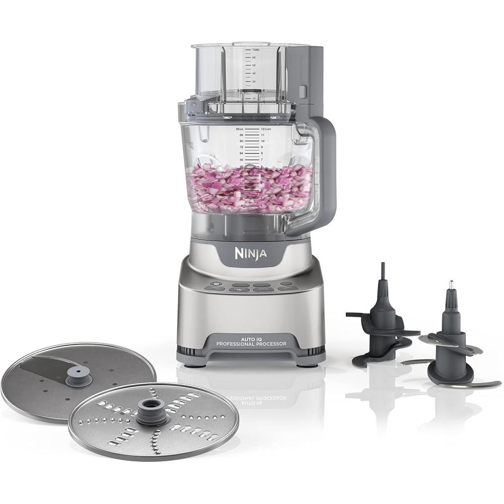 imageNinja Food Processor Professional Plus 1000 Peak Watts 4 Functions for Chopping Slicing Purees amp Dough with 9Cup Processor Bowl 3 Blades Food Chute amp Pusher Silver BN60112Cup Food Processor