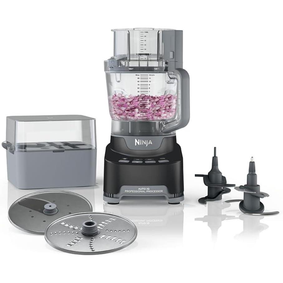 imageNinja Food Processor Professional Plus 1000 Peak Watts 4 Functions for Chopping Slicing Purees amp Dough with 9Cup Processor Bowl 3 Blades Food Chute amp Pusher Silver BN60112Cup Food Processor Storage Box