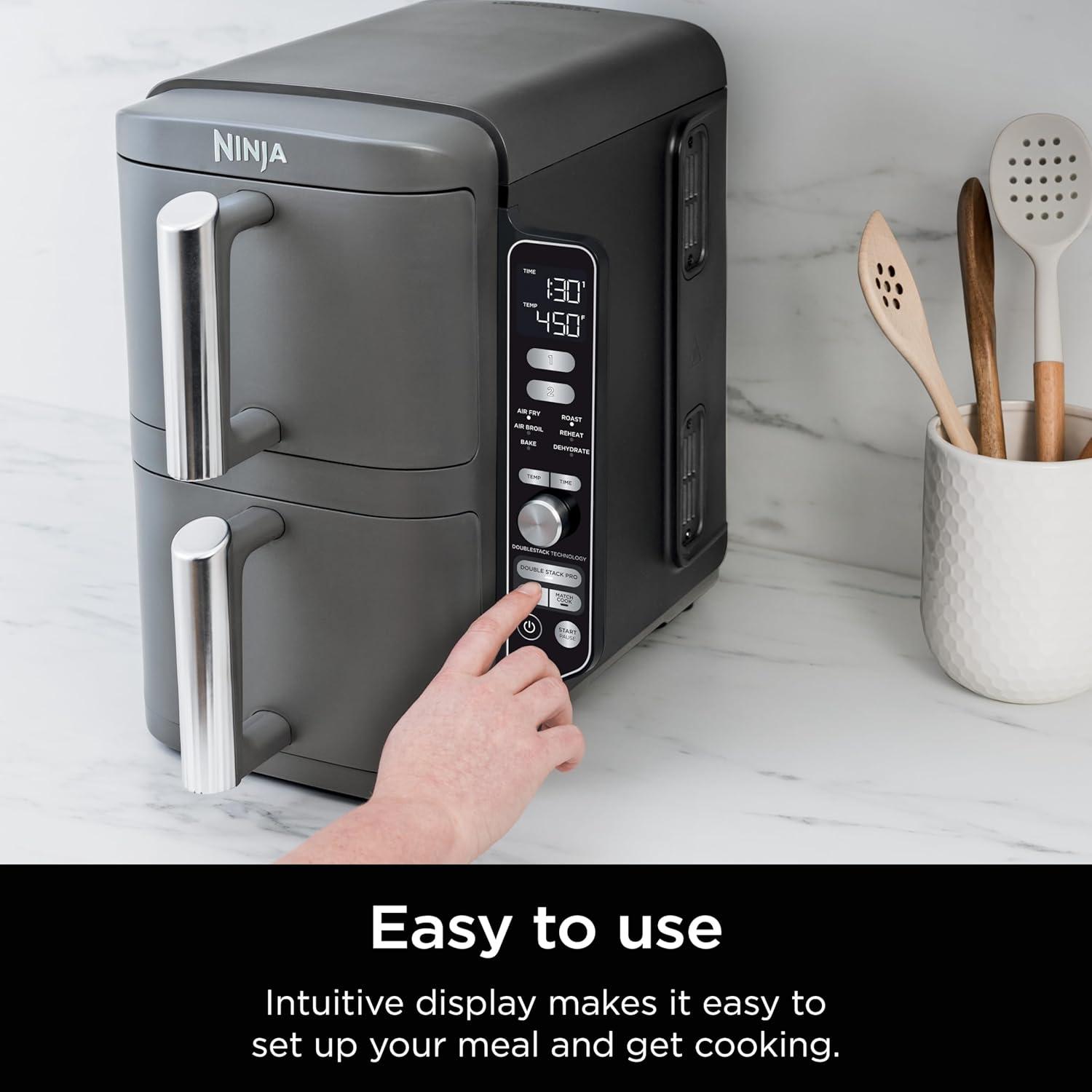 imageNinja Air Fryer 8 QT DoubleStack 2Basket Space Saving Design Cooks 2lb Chicken Wings Feeds up to 6 People 6in1 Air Fryer Roast Bake amp More Easy to Clean Dishwasher Safe Parts Black SL20110 QT