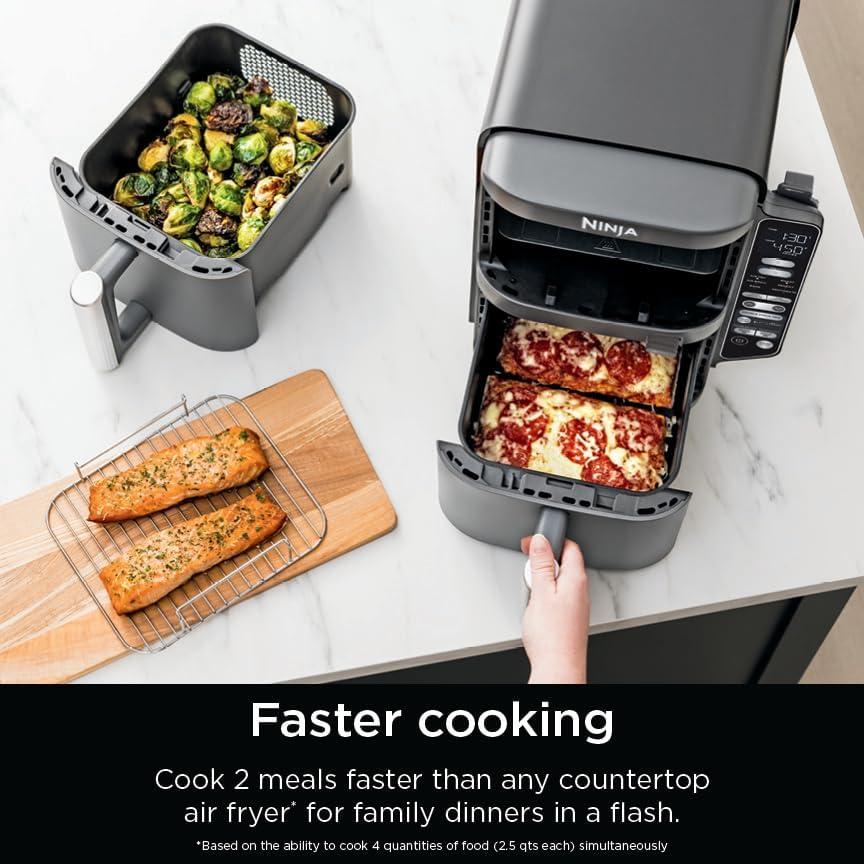 imageNinja Air Fryer 8 QT DoubleStack 2Basket Space Saving Design Cooks 2lb Chicken Wings Feeds up to 6 People 6in1 Air Fryer Roast Bake amp More Easy to Clean Dishwasher Safe Parts Black SL201100 Qt