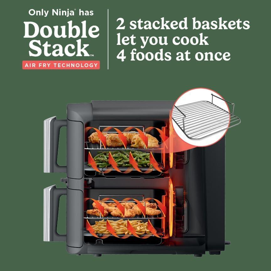imageNinja Air Fryer 8 QT DoubleStack 2Basket Space Saving Design Cooks 2lb Chicken Wings Feeds up to 6 People 6in1 Air Fryer Roast Bake amp More Easy to Clean Dishwasher Safe Parts Black SL201100 Qt