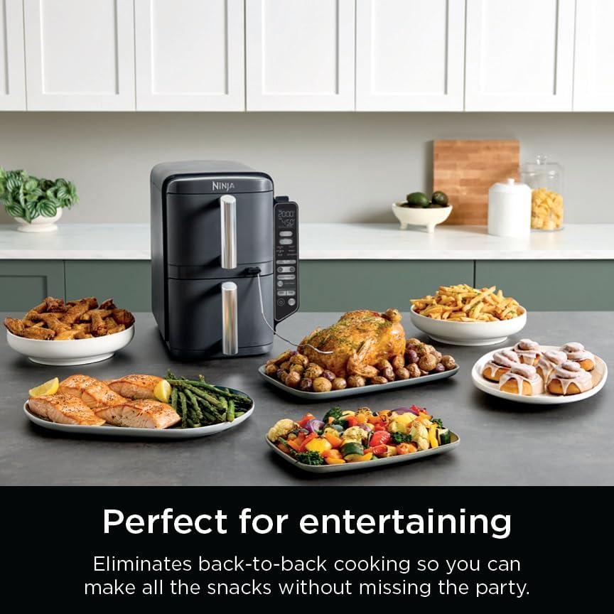 imageNinja Air Fryer 8 QT DoubleStack 2Basket Space Saving Design Cooks 2lb Chicken Wings Feeds up to 6 People 6in1 Air Fryer Roast Bake amp More Easy to Clean Dishwasher Safe Parts Black SL201100 Qt