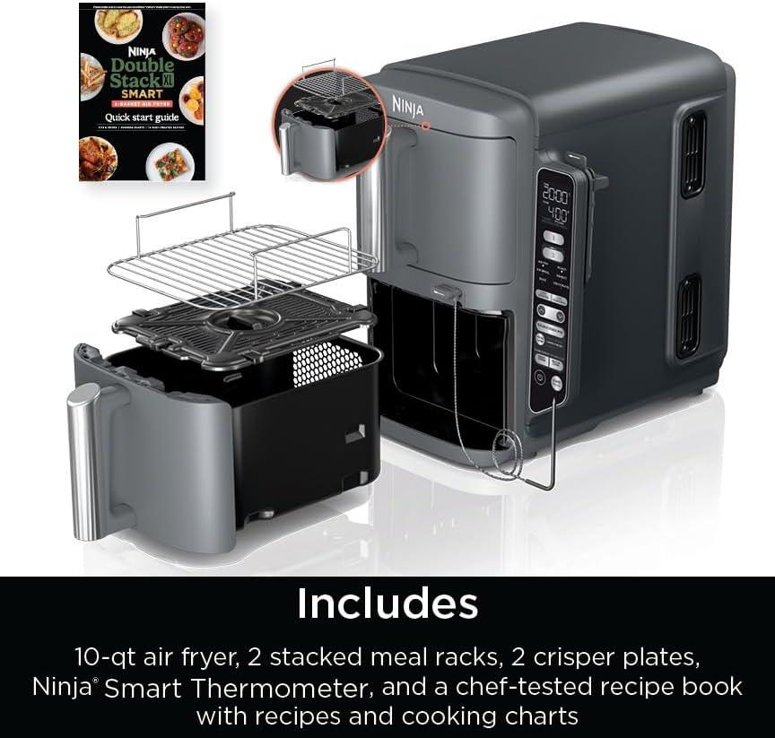 imageNinja Air Fryer 8 QT DoubleStack 2Basket Space Saving Design Cooks 2lb Chicken Wings Feeds up to 6 People 6in1 Air Fryer Roast Bake amp More Easy to Clean Dishwasher Safe Parts Black SL201100 Qt