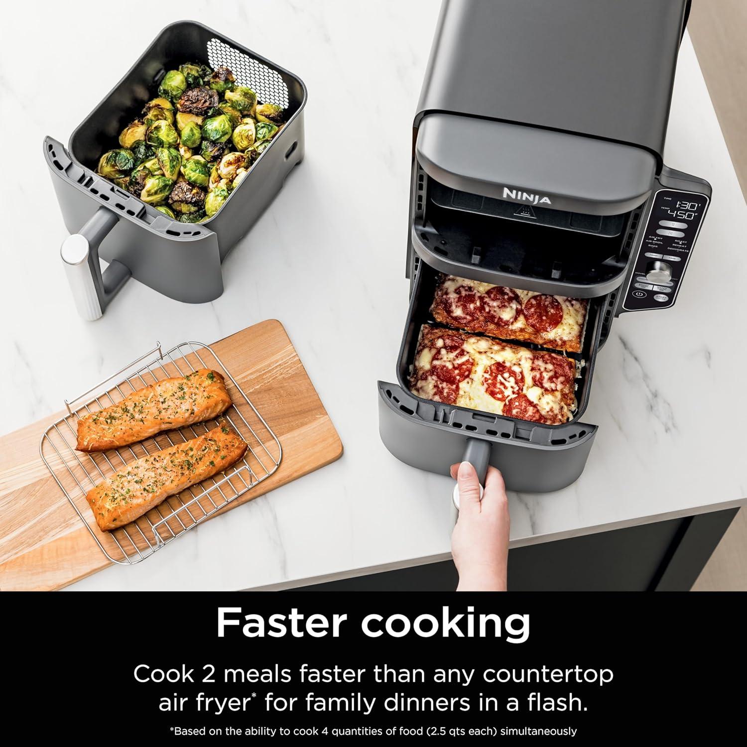 imageNinja Air Fryer 8 QT DoubleStack 2Basket Space Saving Design Cooks 2lb Chicken Wings Feeds up to 6 People 6in1 Air Fryer Roast Bake amp More Easy to Clean Dishwasher Safe Parts Black SL20110 QT