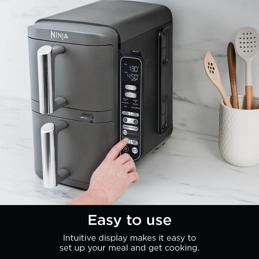 imageNinja Air Fryer 8 QT DoubleStack 2Basket Space Saving Design Cooks 2lb Chicken Wings Feeds up to 6 People 6in1 Air Fryer Roast Bake amp More Easy to Clean Dishwasher Safe Parts Black SL201100 Qt