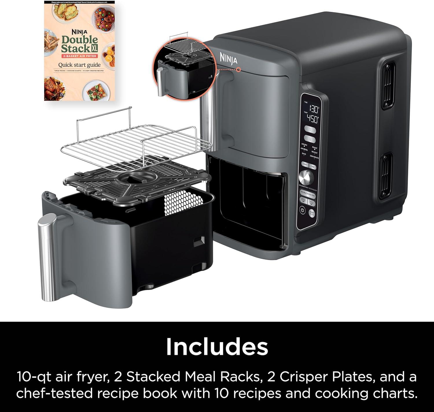 imageNinja Air Fryer 8 QT DoubleStack 2Basket Space Saving Design Cooks 2lb Chicken Wings Feeds up to 6 People 6in1 Air Fryer Roast Bake amp More Easy to Clean Dishwasher Safe Parts Black SL20110 QT