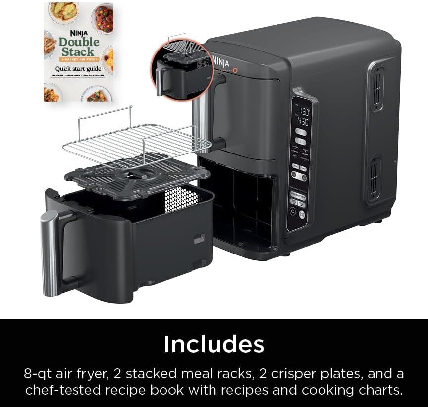 imageNinja Air Fryer 8 QT DoubleStack 2Basket Space Saving Design Cooks 2lb Chicken Wings Feeds up to 6 People 6in1 Air Fryer Roast Bake amp More Easy to Clean Dishwasher Safe Parts Black SL2018 QT