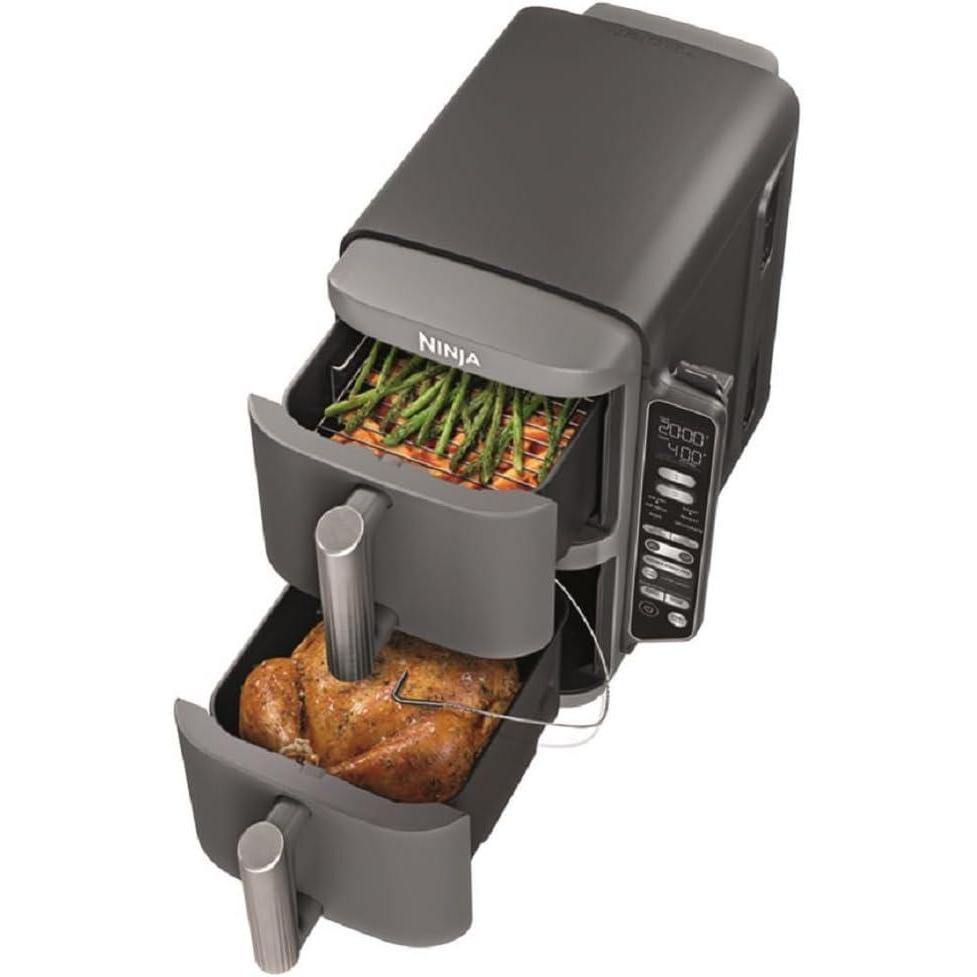imageNinja Air Fryer 8 QT DoubleStack 2Basket Space Saving Design Cooks 2lb Chicken Wings Feeds up to 6 People 6in1 Air Fryer Roast Bake amp More Easy to Clean Dishwasher Safe Parts Black SL201100 Qt